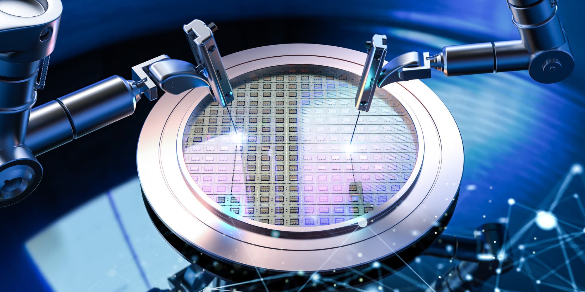 Article-Scaling-Roadmap Robotic arms inspecting a semiconductor wafer in a chip manufacturing setup