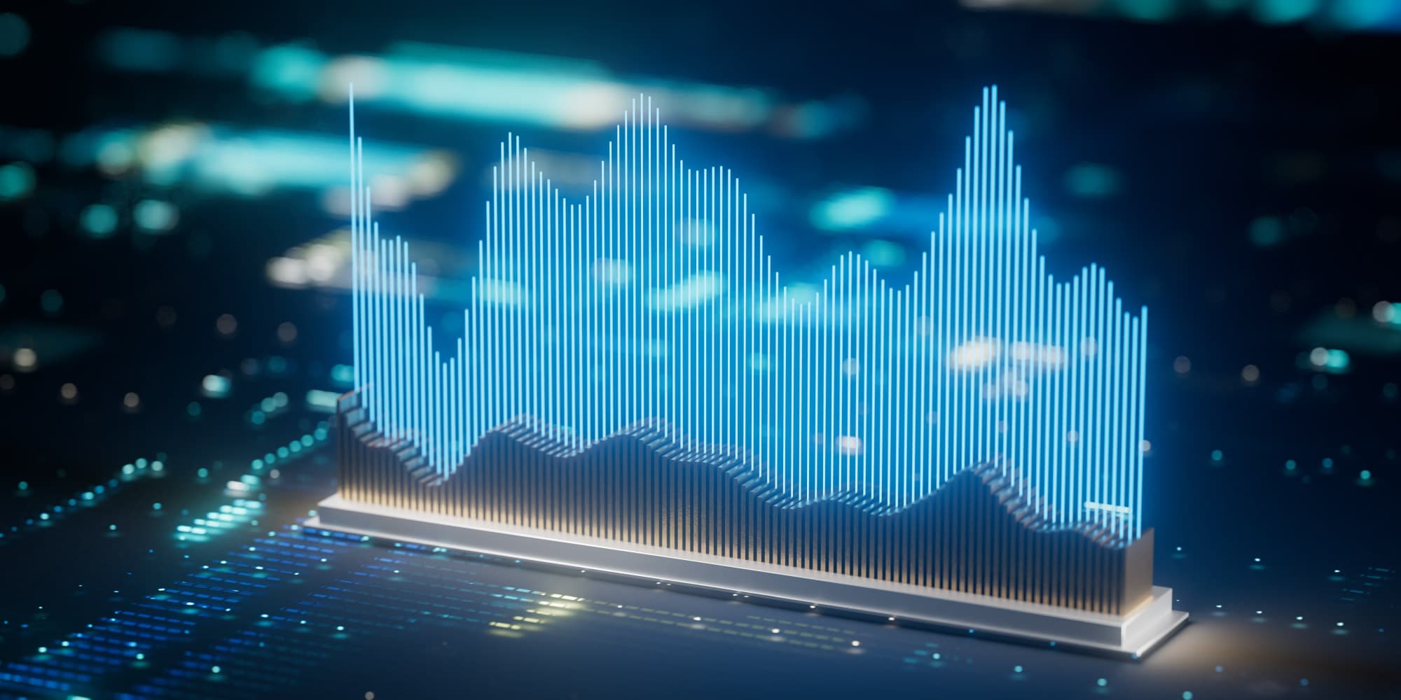 ASICs-the-ultimate-in-high-frequency-trading-technology Stylized chip with glowing blue trading chart bars on a dark circuit-board background