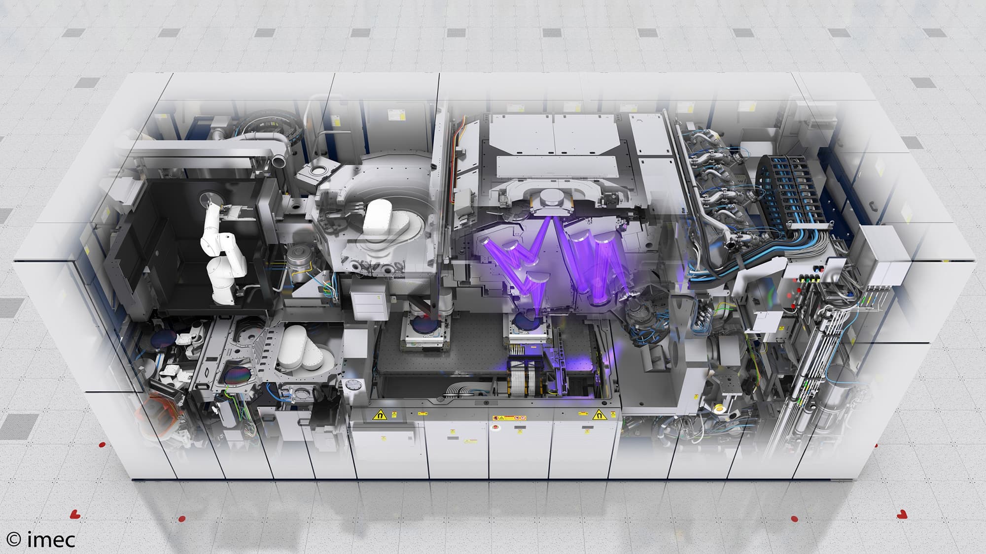 ASML_NXE400_system_print3674_1 Cutaway view of an ASML NXE400 EUV lithography system inside a cleanroom-like setting
