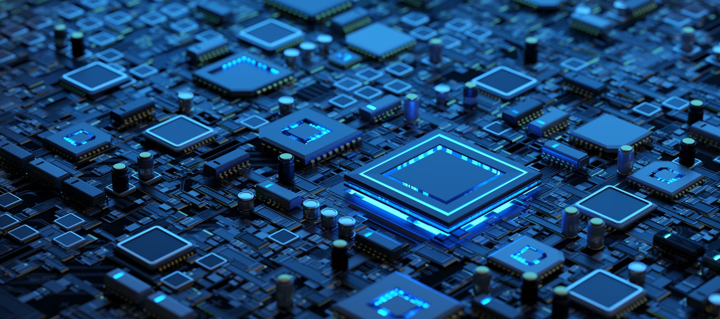 Automotive%20Chiplet%20Forum%20Fall%202025 Stylized blue circuit board with multiple chiplets and a glowing central chip