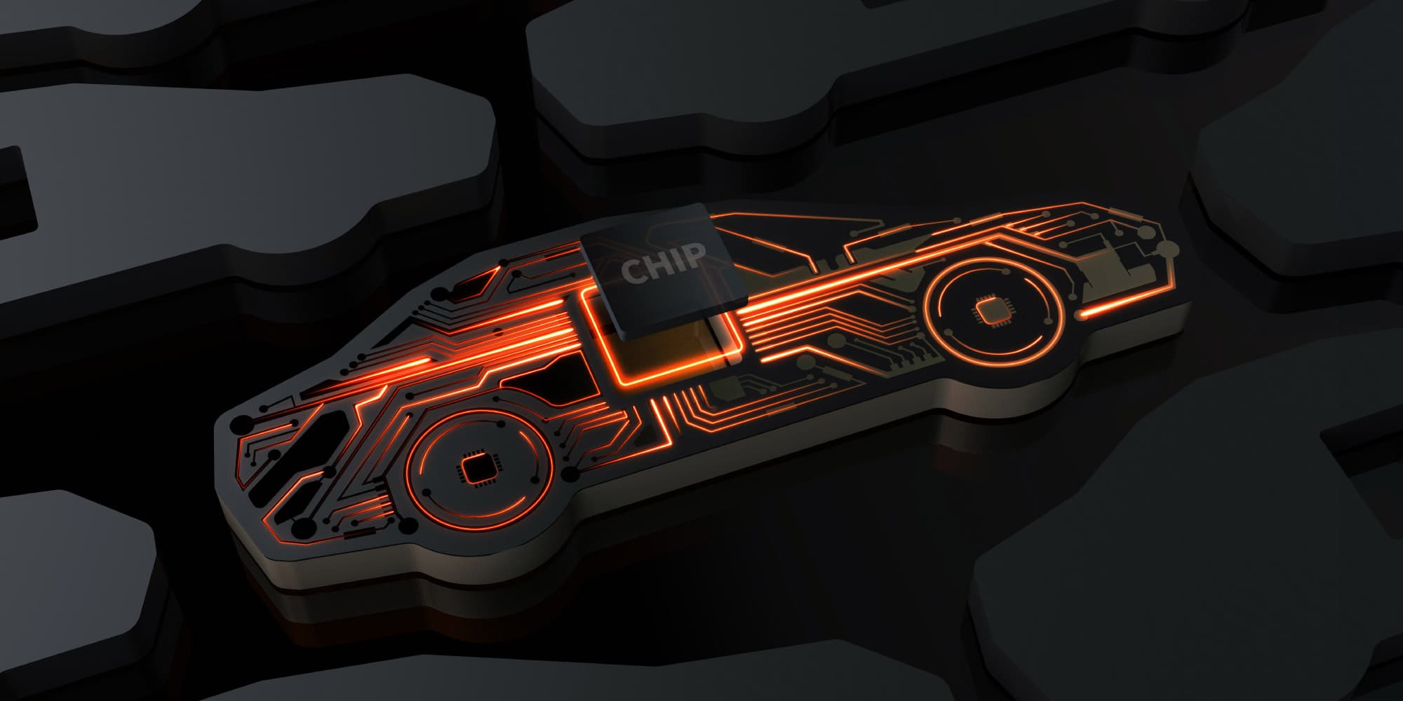 automotive-chiplets Stylized automotive chiplet with glowing orange circuit traces on a dark background
