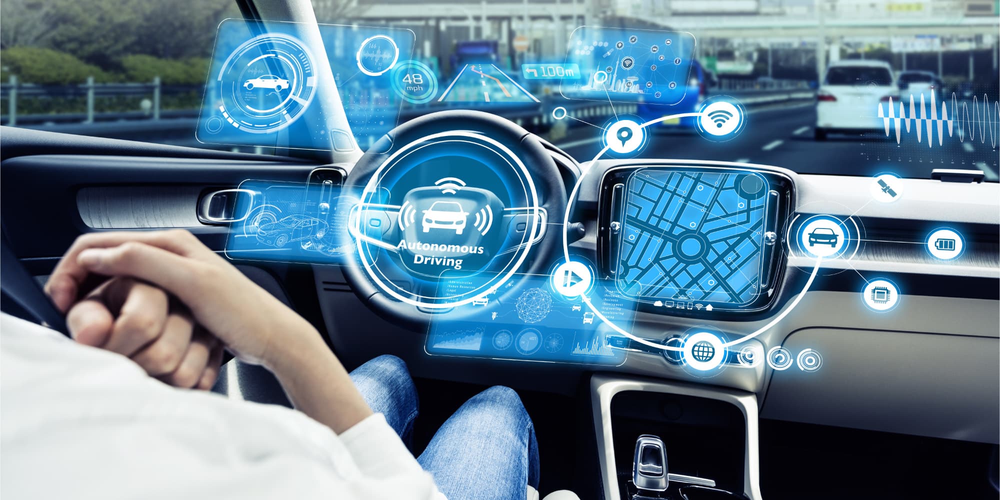 Automotive-technologies Car interior with autonomous driving interface overlays and navigation graphics