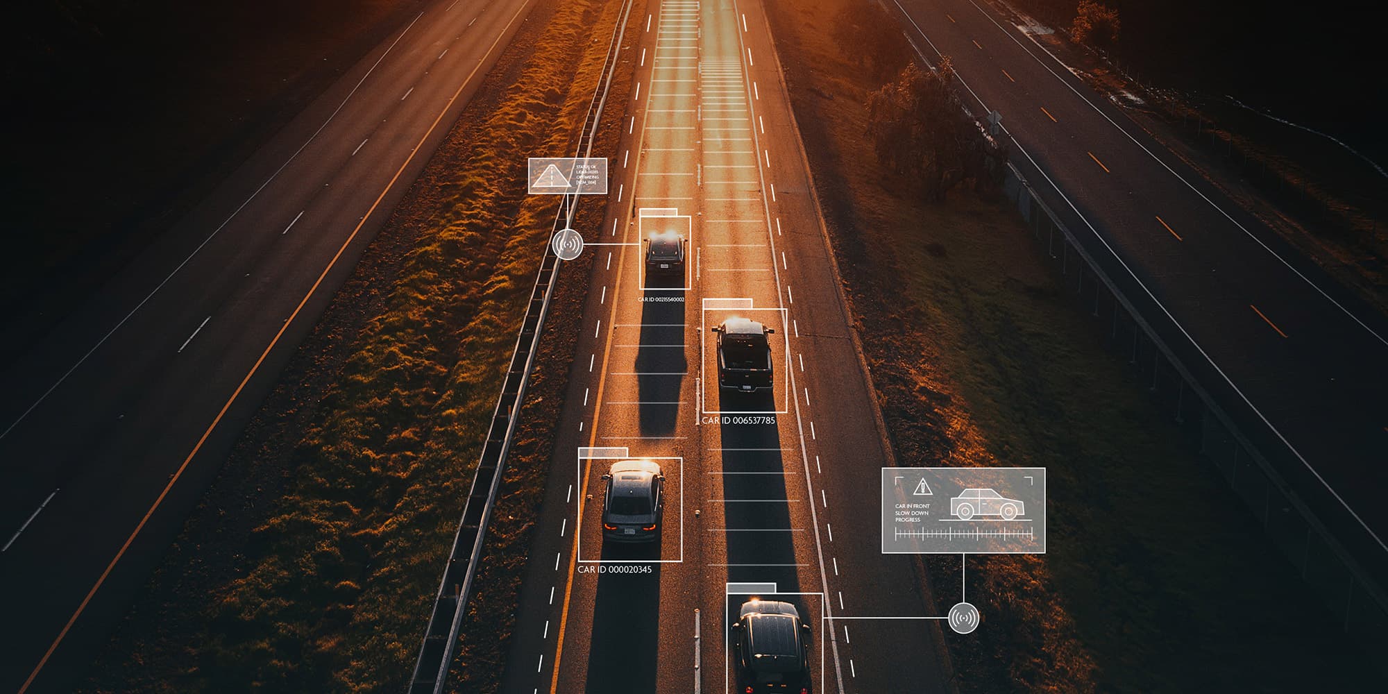 automotivev2 Overhead view of cars on a highway with AI-style detection boxes and road hazard icons