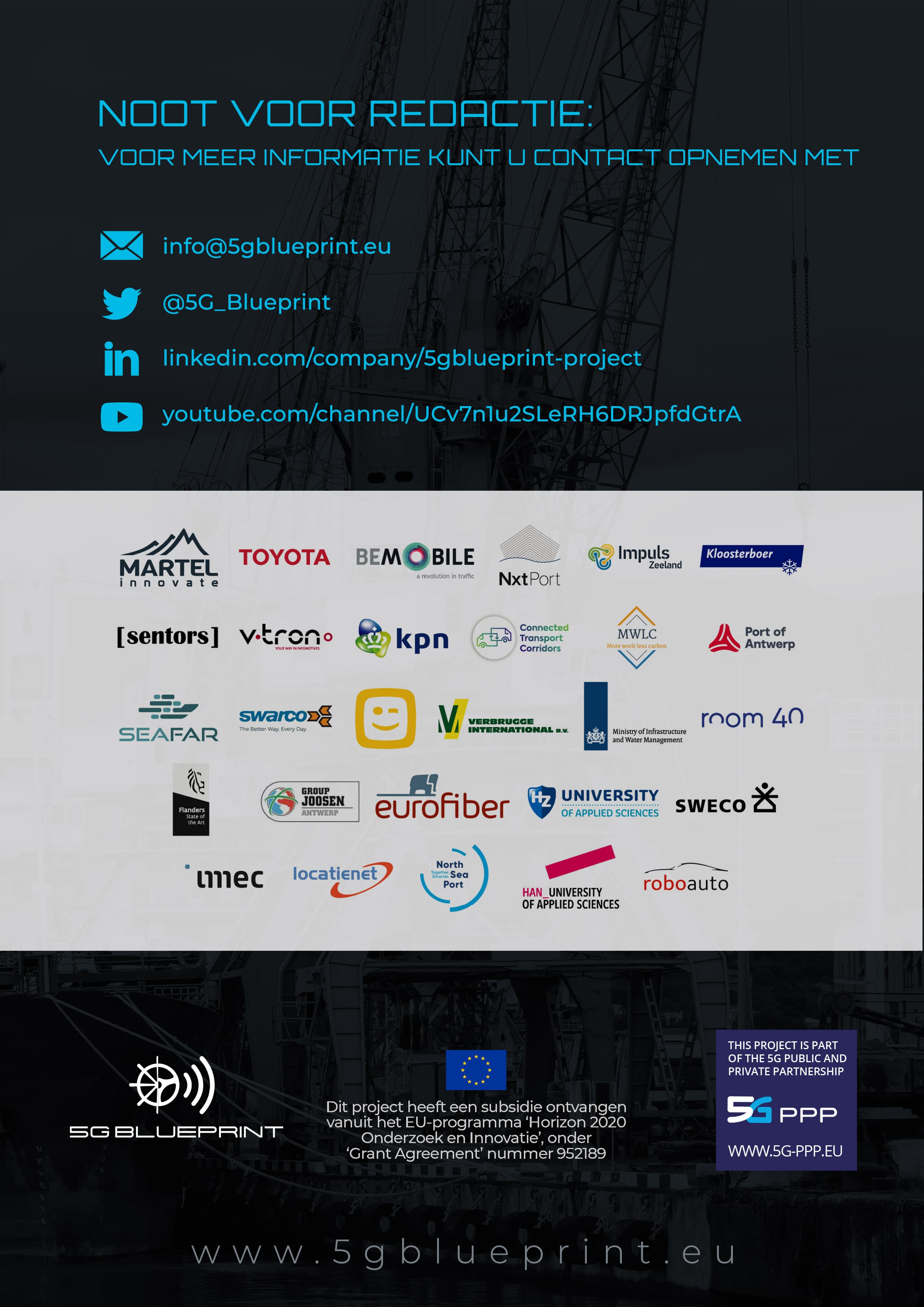 back-cover_Du 5G-Blueprint-poster met partnerlogo’s, contactgegevens, EU-financieringsmelding en het 5G-PPP-logo