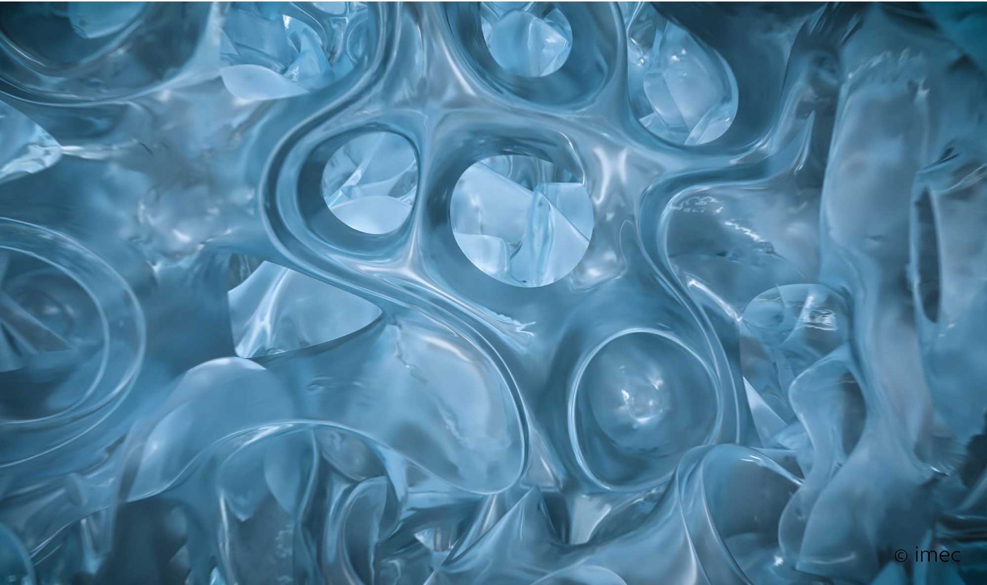 batterij_0 Abstracte close-up van een doorschijnend blauw vast elektrolytmateriaal met gelaagde, celachtige vormen