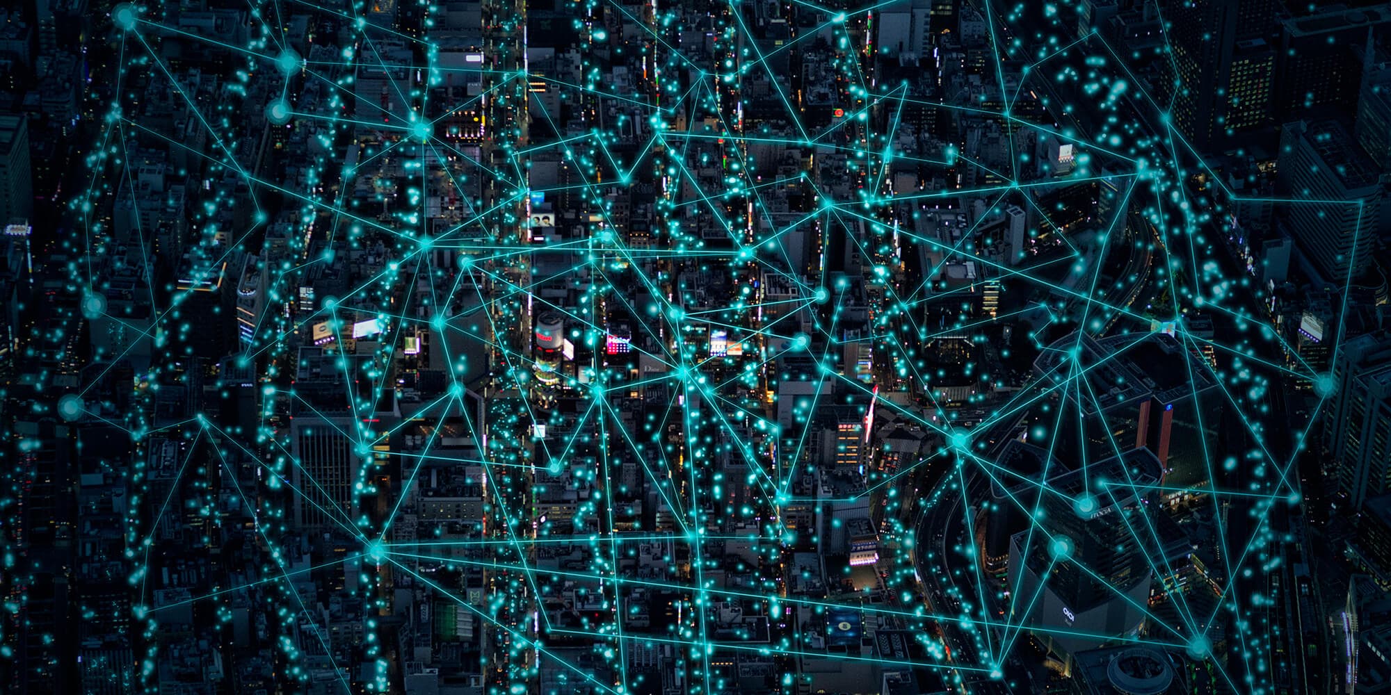 Night cityscape with glowing network lines suggesting 6G communication Night cityscape overlaid with glowing network lines and nodes, suggesting connected 6G communication