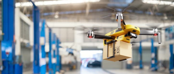 Drone carrying package inside warehouse Autonomous drone carrying a package inside a warehouse