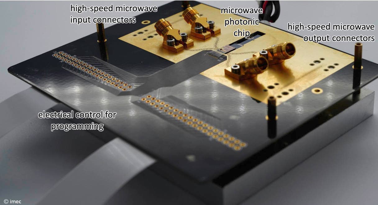 Board-annotated Packaged microwave photonic chip with high-speed input and output connectors and electrical control wiring.