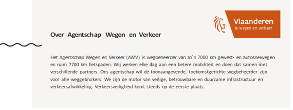 Boilerplate_Wegen-Verkeer Banner voor Vlaanderen Agentschap Wegen en Verkeer met logo en beschrijvende tekst van het agentschap