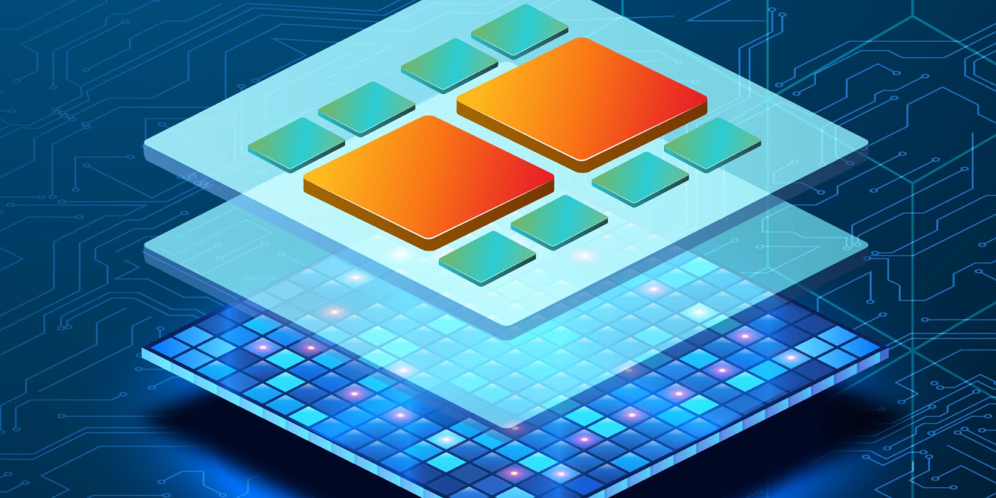 Cadence-header Exploded illustration of a 3D-IC chip stack with layered dies on a circuit-pattern background