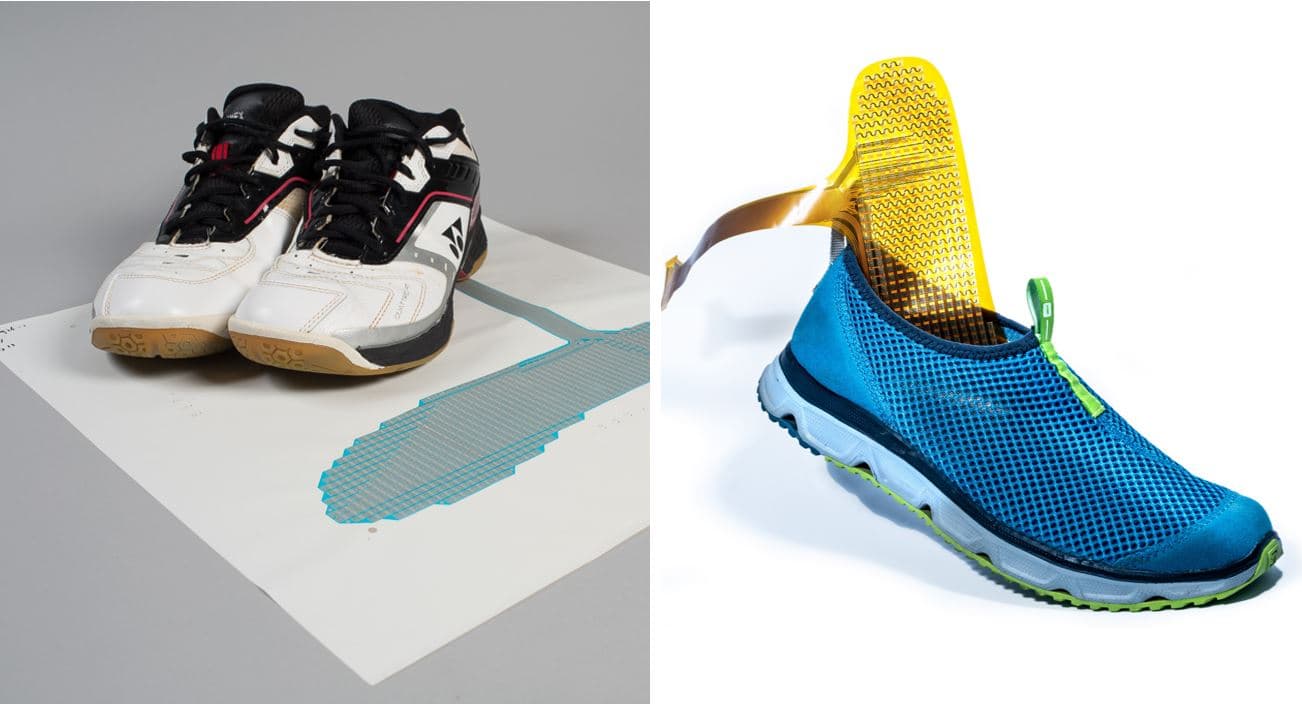 Prototype sensor soles and running shoes with electronic inserts Prototype sensor soles beside running shoes, with thin flexible electronic inserts shown in a shoe cutaway.