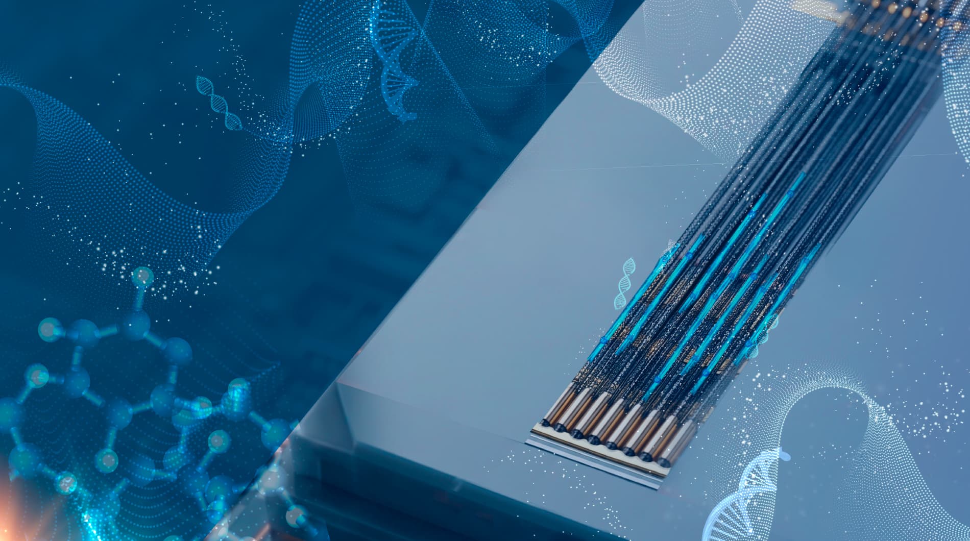 carbon-nanotube-8 Stylized carbon nanotubes extending from a chip surface, overlaid with DNA and molecule graphics
