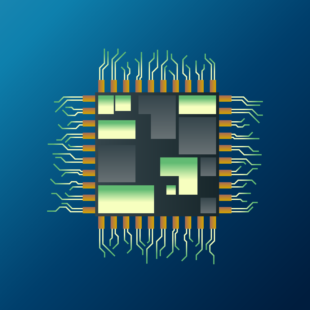 chip_blue Gestileerde microchip met circuitbanen op een blauwe achtergrond