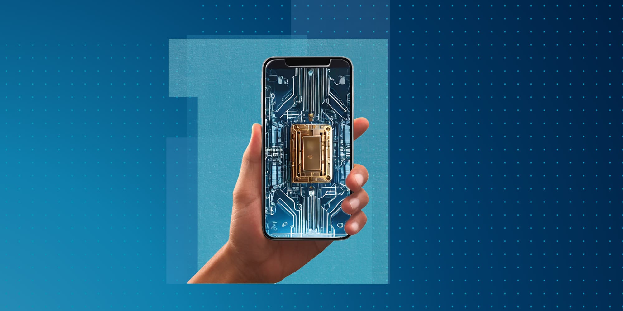 chiplabo-aflevering-2 Hand die een smartphone vasthoudt met een gloeiende chipillustratie op het scherm
