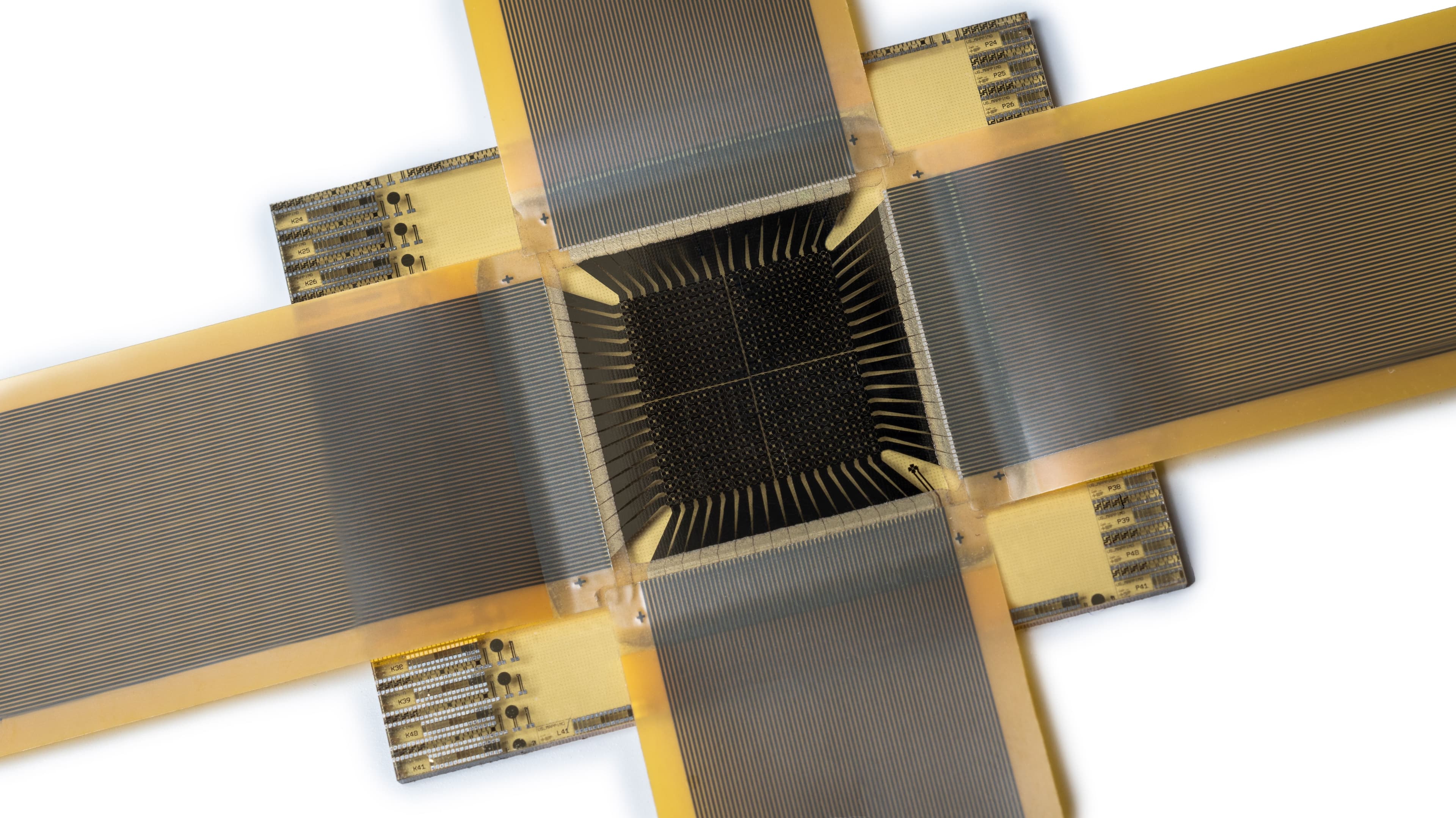 Close-up_PMUTArray Close-up of a second-generation PMUT array with fine patterned strips on a glass substrate