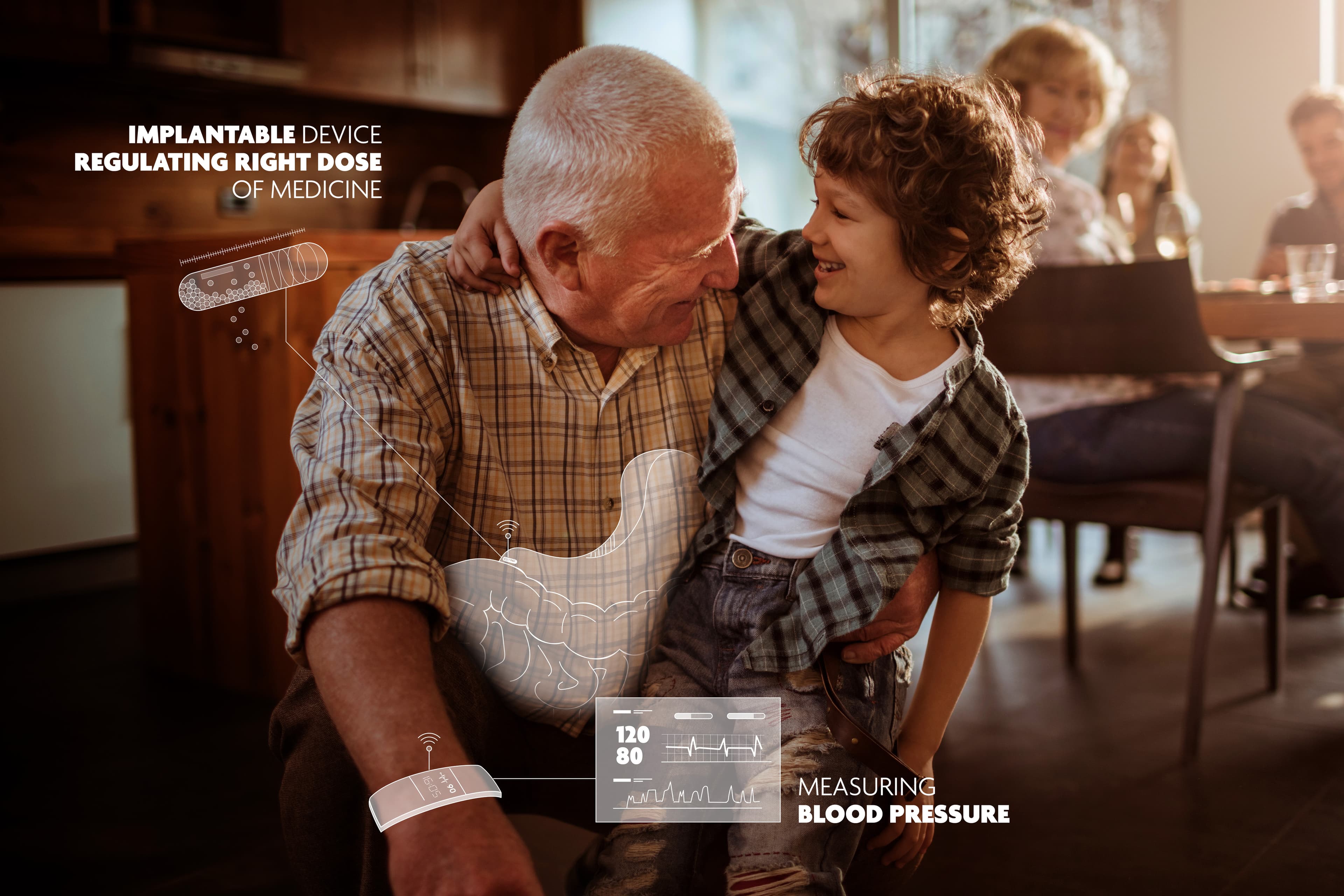 closedloop_visual_FINAL_cropped Older man smiling at a child, with overlaid wearable and implantable health sensor graphics measuring blood pressure