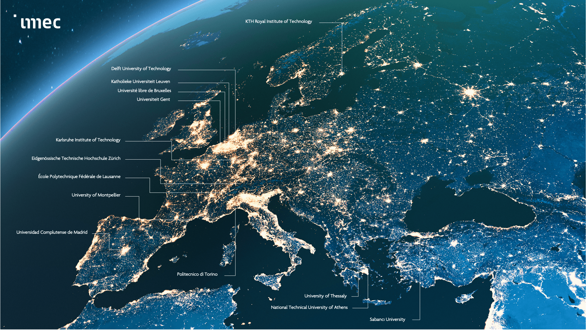 Map of European university partners with imec logo at night Stylized nighttime map of Europe with imec logo and labeled university partners connected by lines