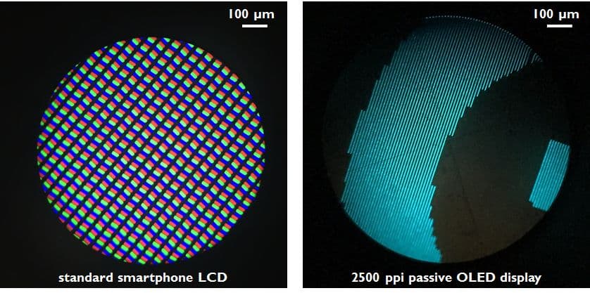 Comparison Vergelijking van het LCD-pixelraster van een smartphone en een passief OLED-scherm van 2500 ppi onder een microscoop
