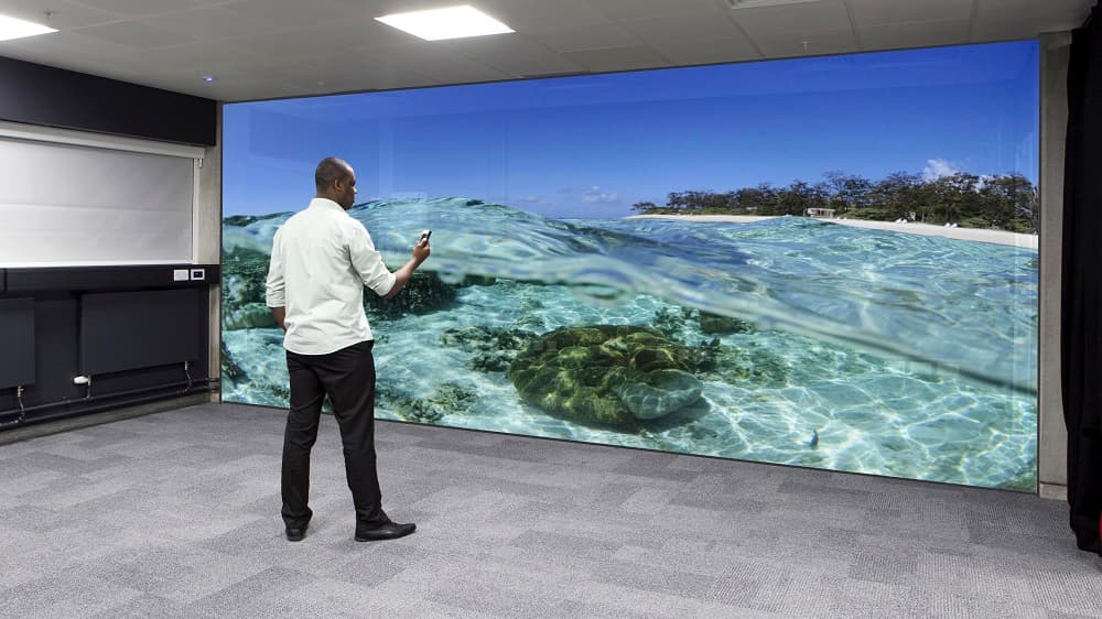 Man in front of large underwater scene wall display Man standing in front of a large wall display showing an underwater scene
