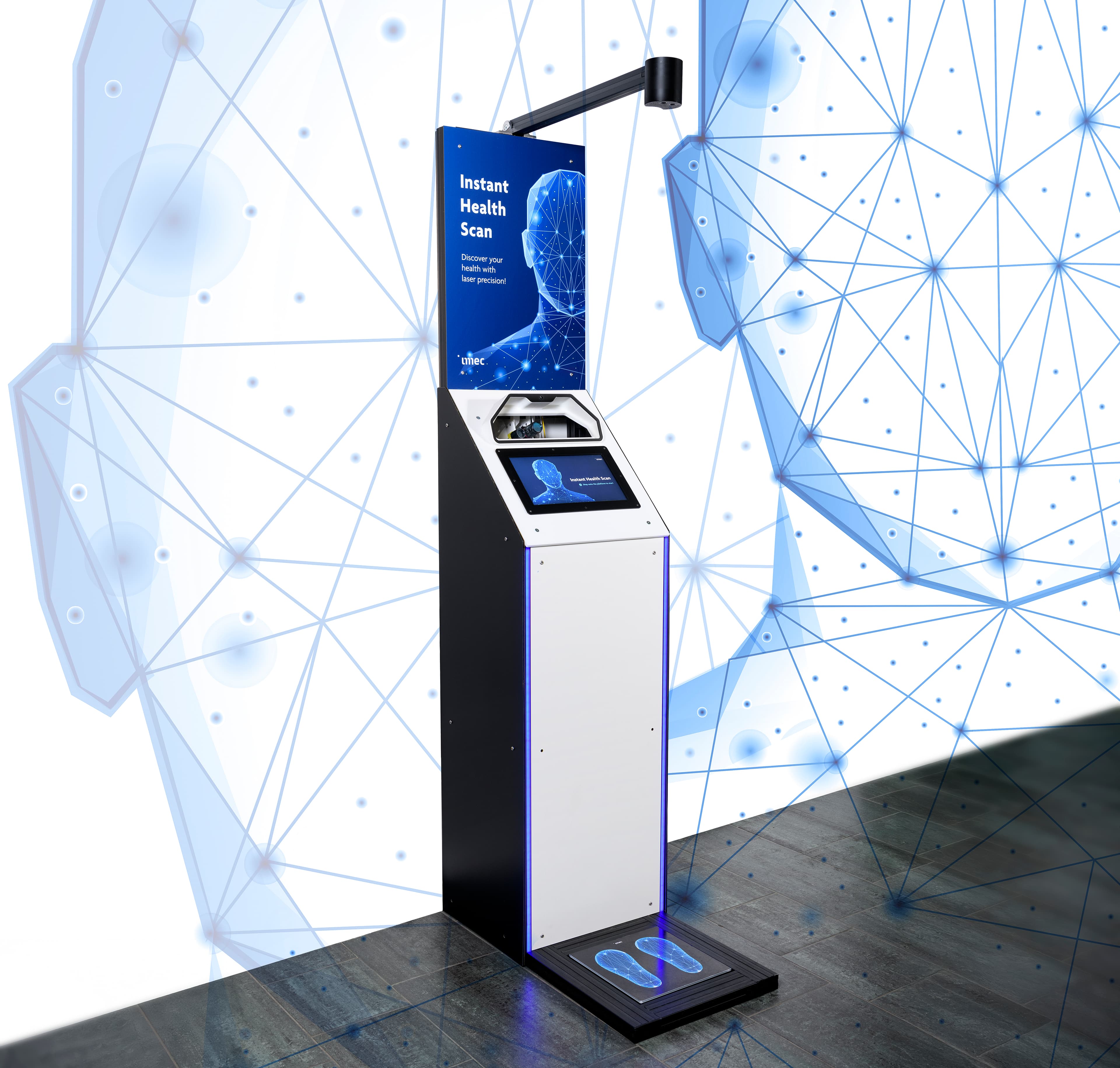 Contactloos%20speckle%20sensing%20by%20imec Speckle sensing kiosk with a sensor arm, screen, and foot markers for instant health scanning