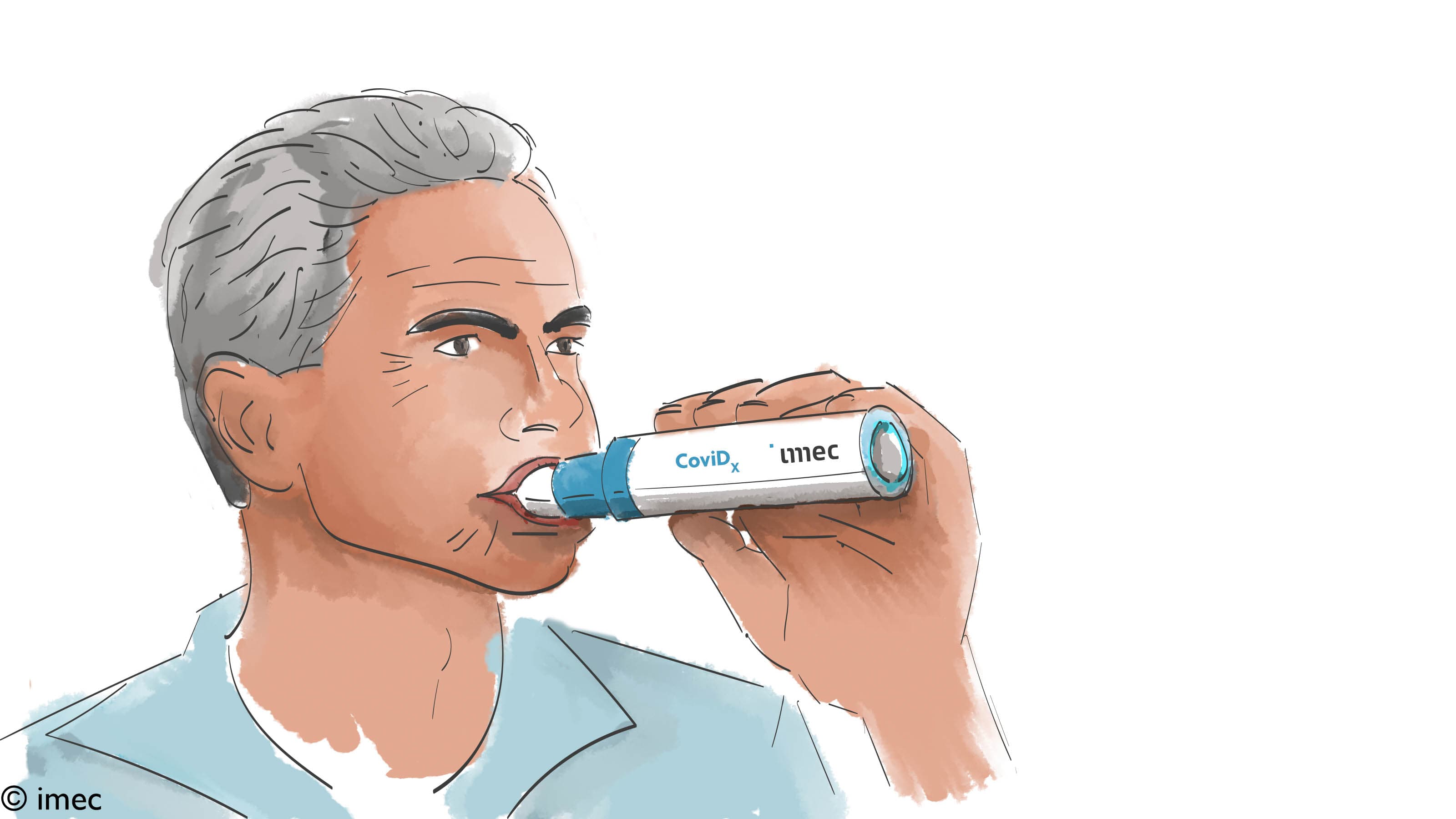 COVID_VISUAL_breathe Illustratie van een persoon die een imec CovidX-ademtestbuis gebruikt