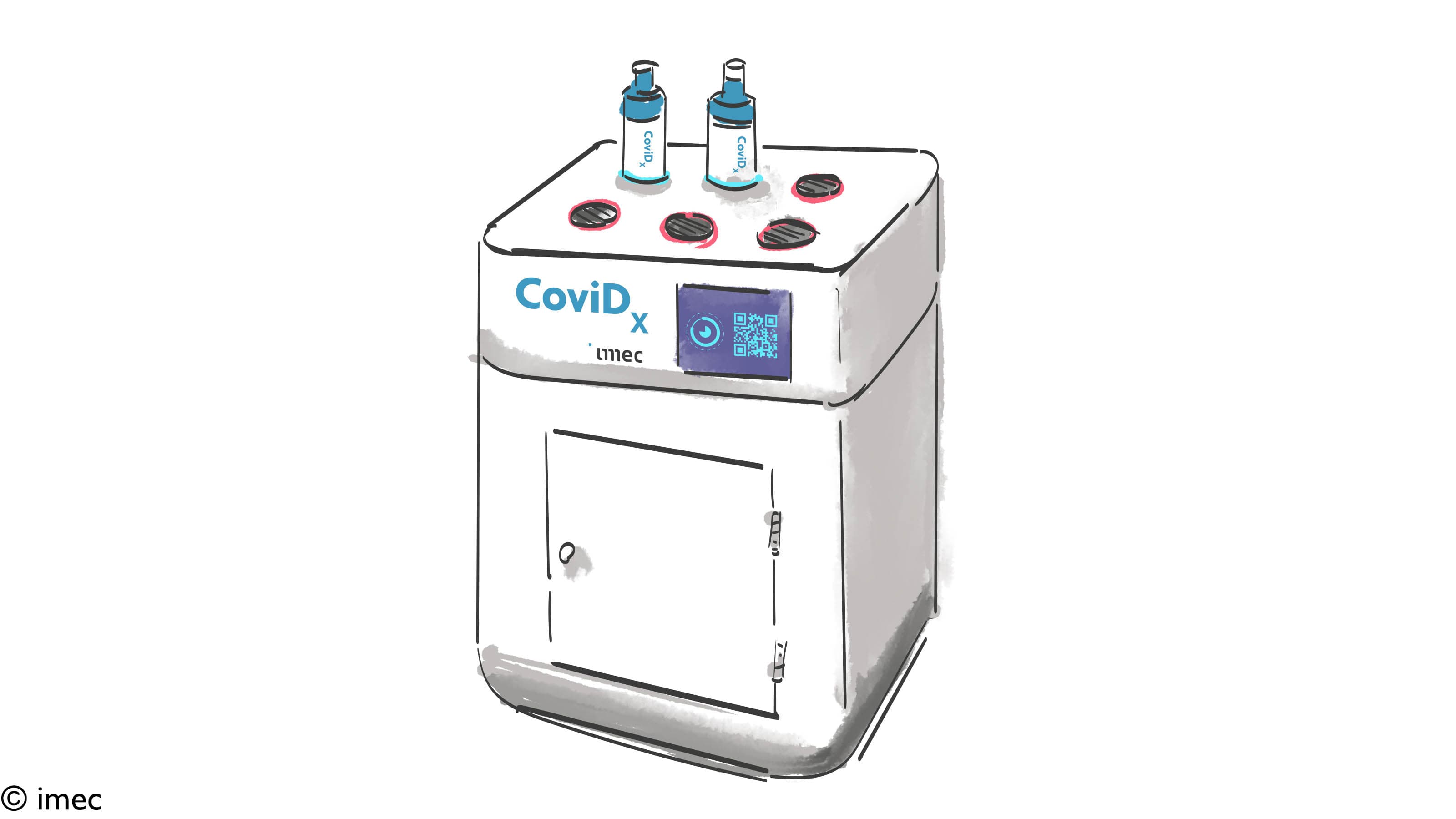 COVID_VISUAL_docking Illustratie van een CovidX-testapparaat met twee monsterflesjes bovenop en imec-branding aan de voorkant