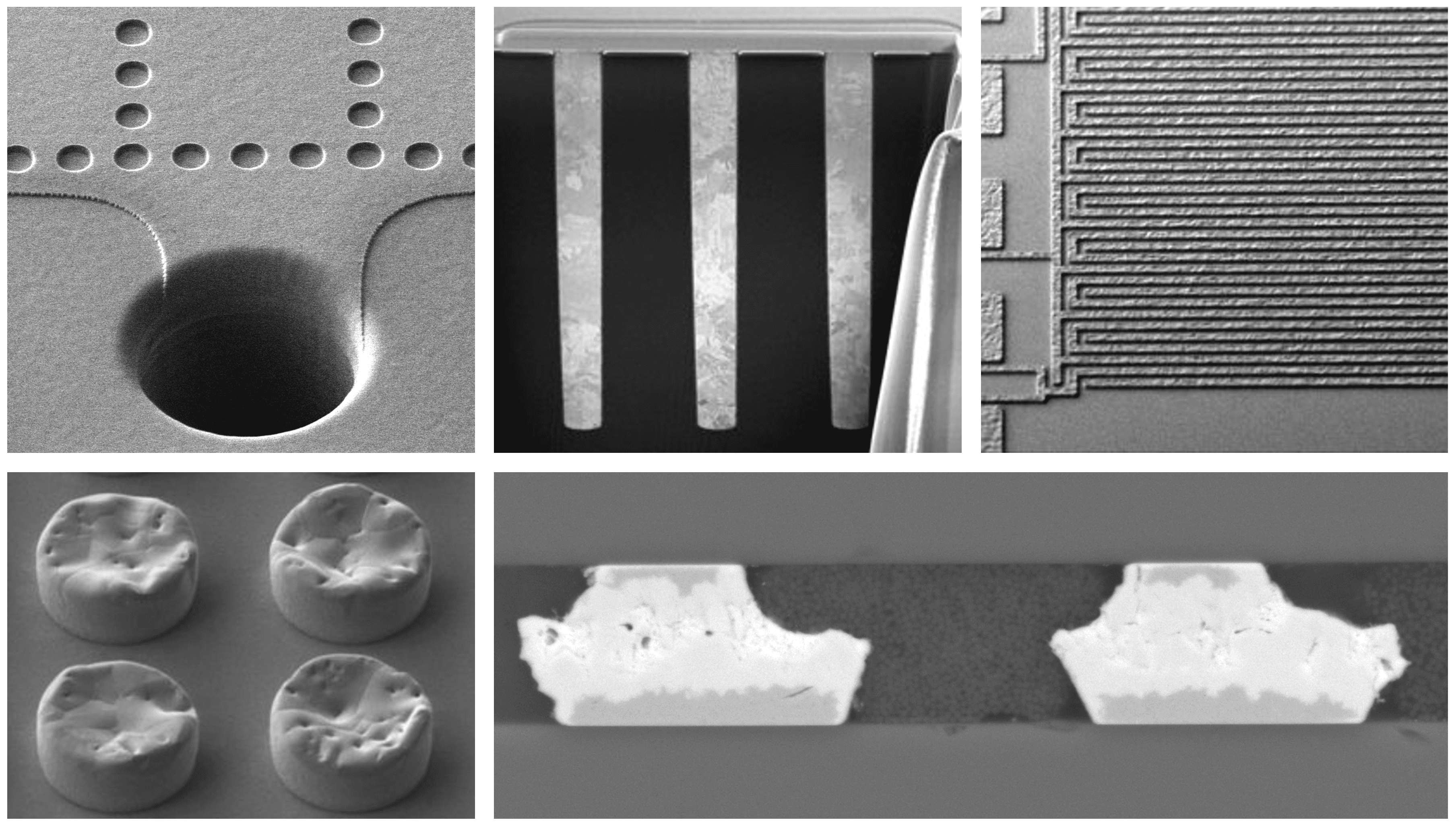Cryo%203D%20physical%20qubits Scanning electron microscope montage of qubit device structures, including patterned trenches, metal lines, and nanoscale contacts