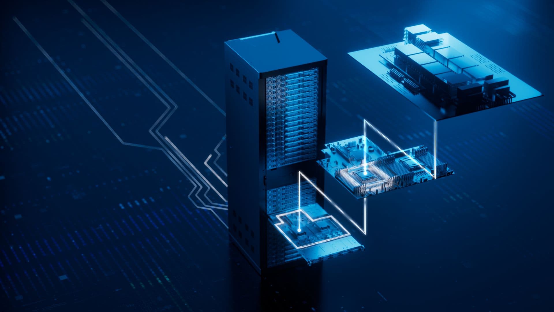 Stylized chiplet-based compute architecture with server tower Stylized chiplet-based compute architecture with a server tower, circuit boards, and glowing interconnect lines