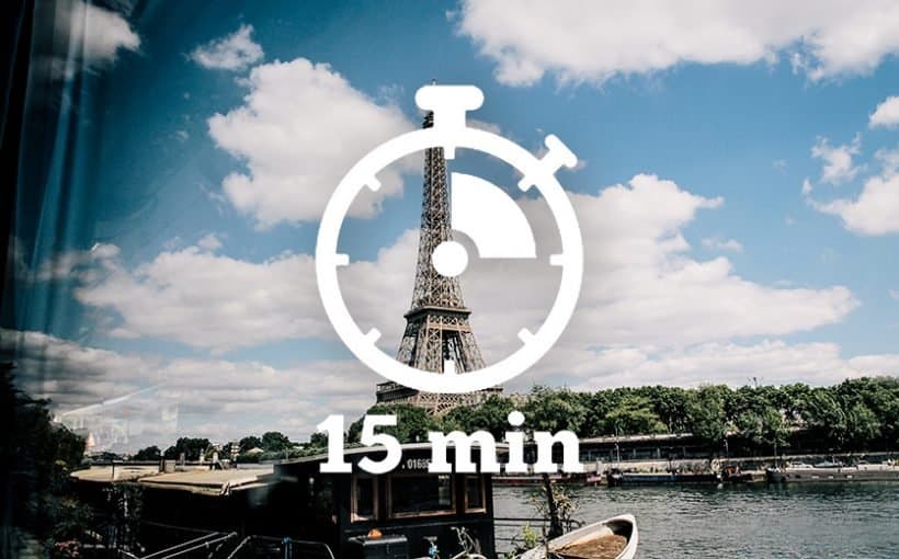 De%20stad%20van%20het%20kwartier Eiffeltoren omlijst door een stopwatchgrafiek van een 15-minutenstad boven een Parijse rivieroevertafereel