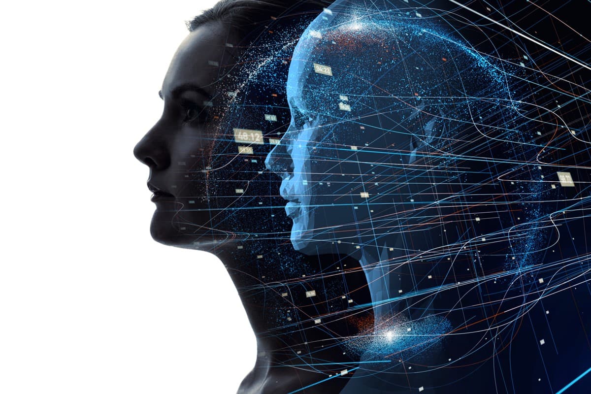 Digital-Twin Menselijk profiel met een digitale twin en vloeiende datalijnen op een donkere achtergrond