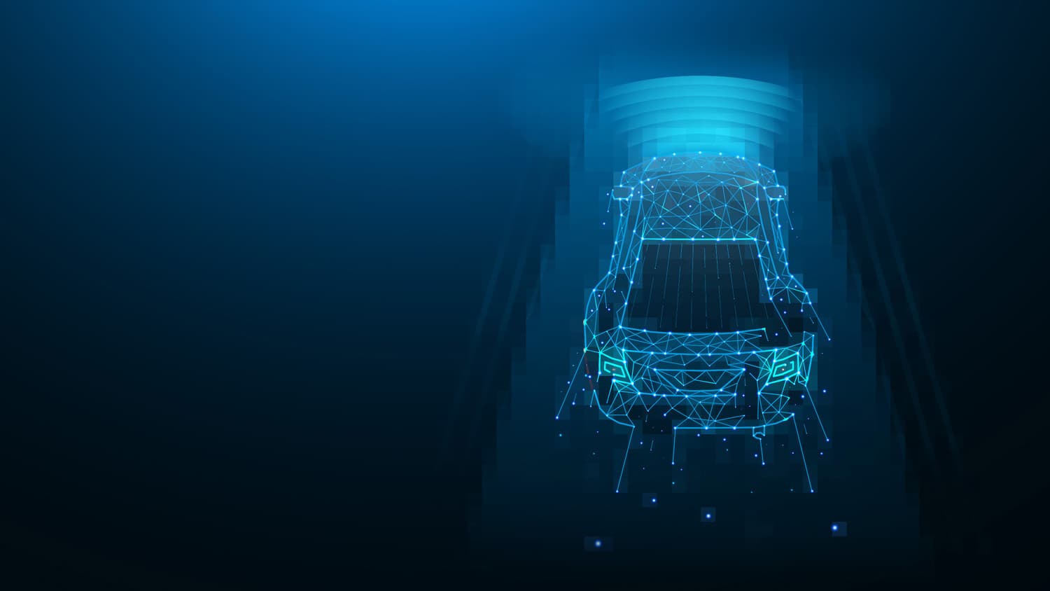 digitalized_resize Blauwe draadframeauto van bovenaf gezien, wat autonome rijtechnologie suggereert