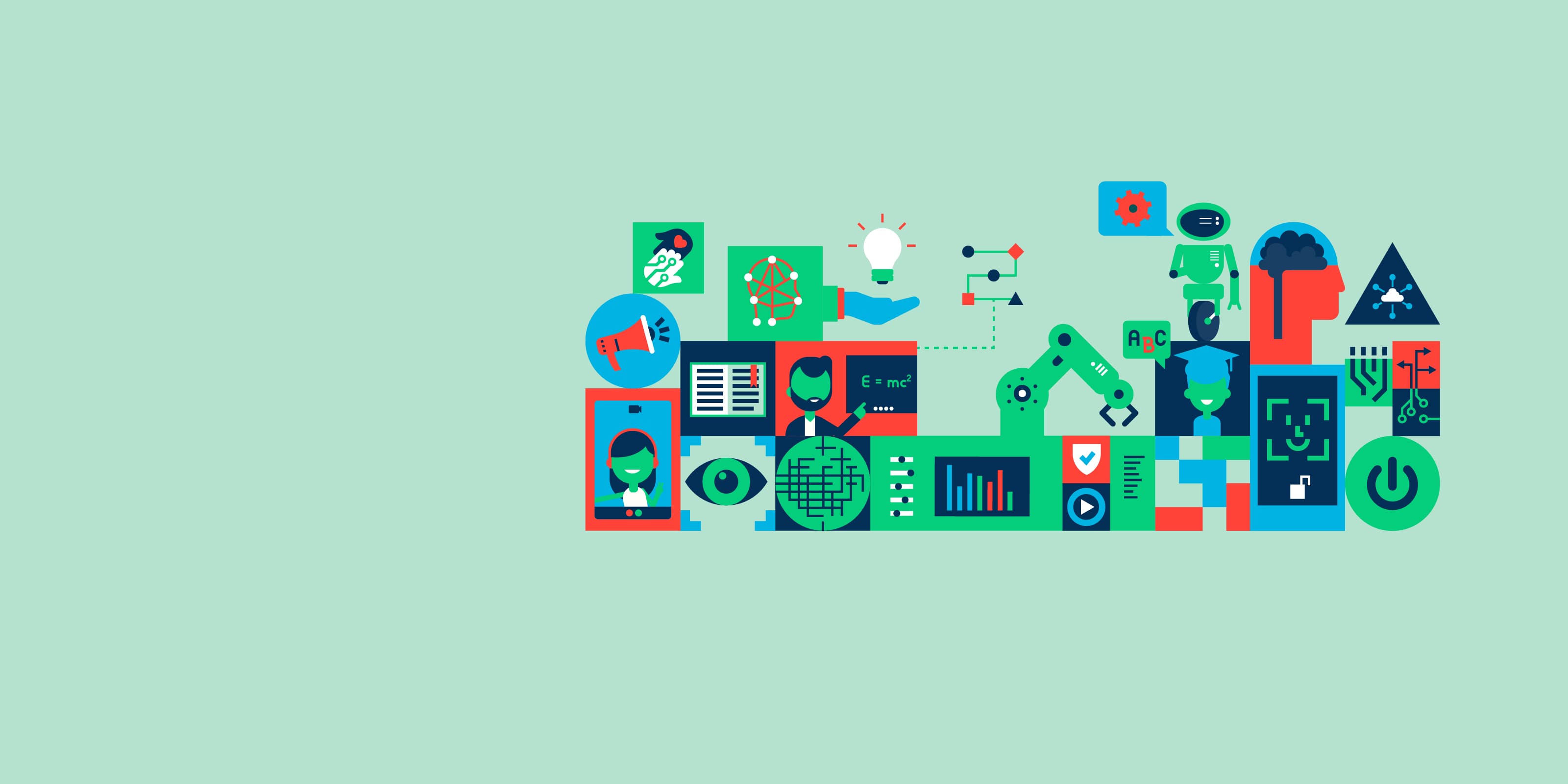 Digiwijs_visual_right02 Kleurrijke digitale onderwijsillustratie met iconen voor AI, coderen, lesgeven en leren op een muntkleurige achtergrond