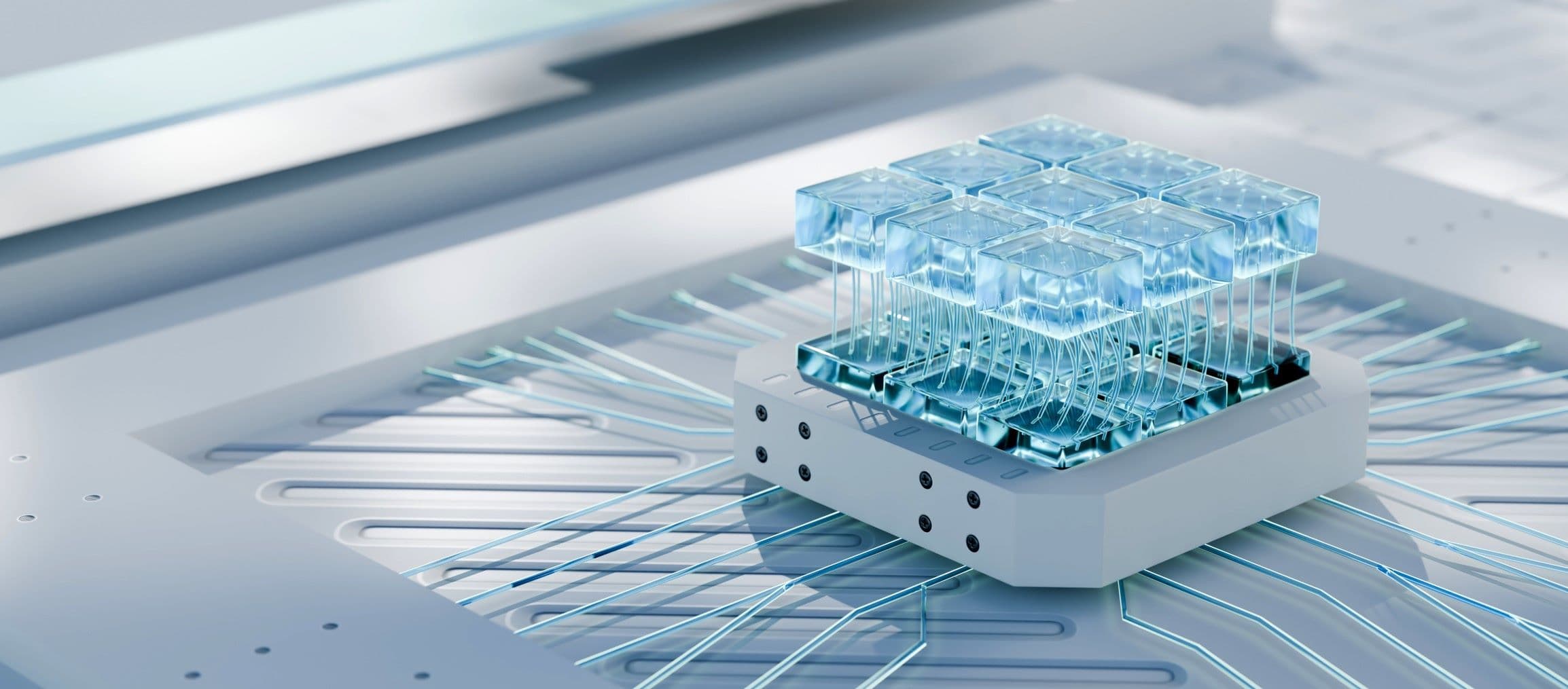 Disrupting%20bio%20header%20image Futuristic silicon chip with transparent blue microfluidic blocks and circuit lines suggesting biotech sensing