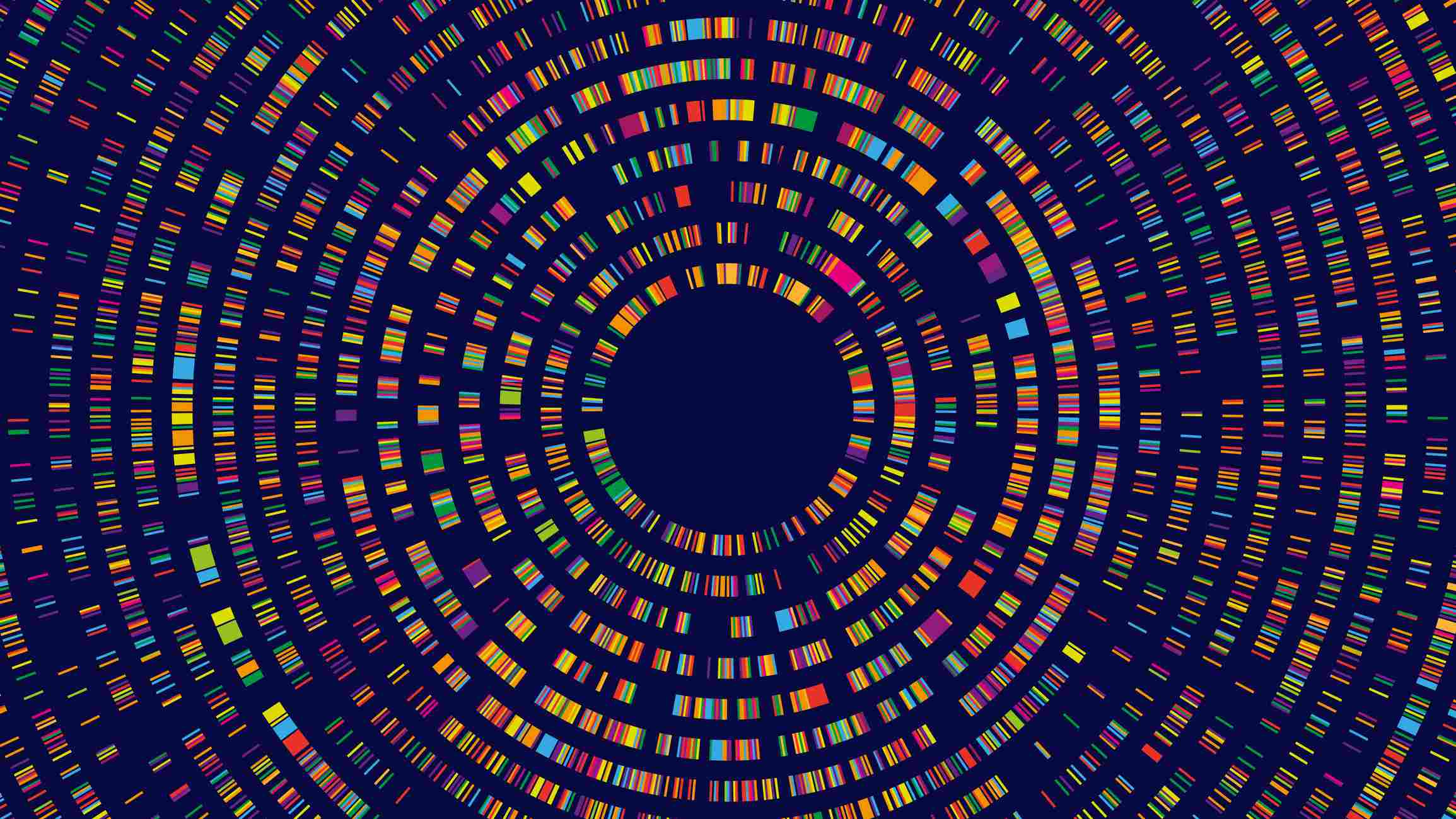 DNA%20storage Abstract circular DNA-like pattern made of colorful encoded bars on a dark background