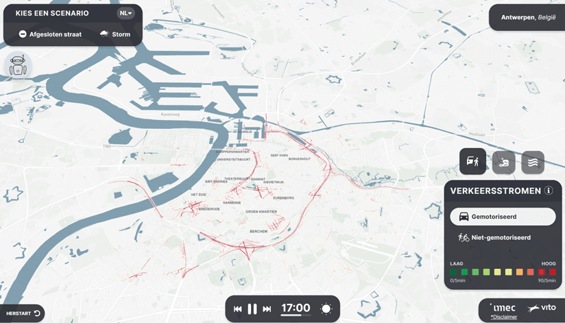 Dtwin Digitale tweelingkaart van Antwerpen met verkeersstromen en scenariobediening