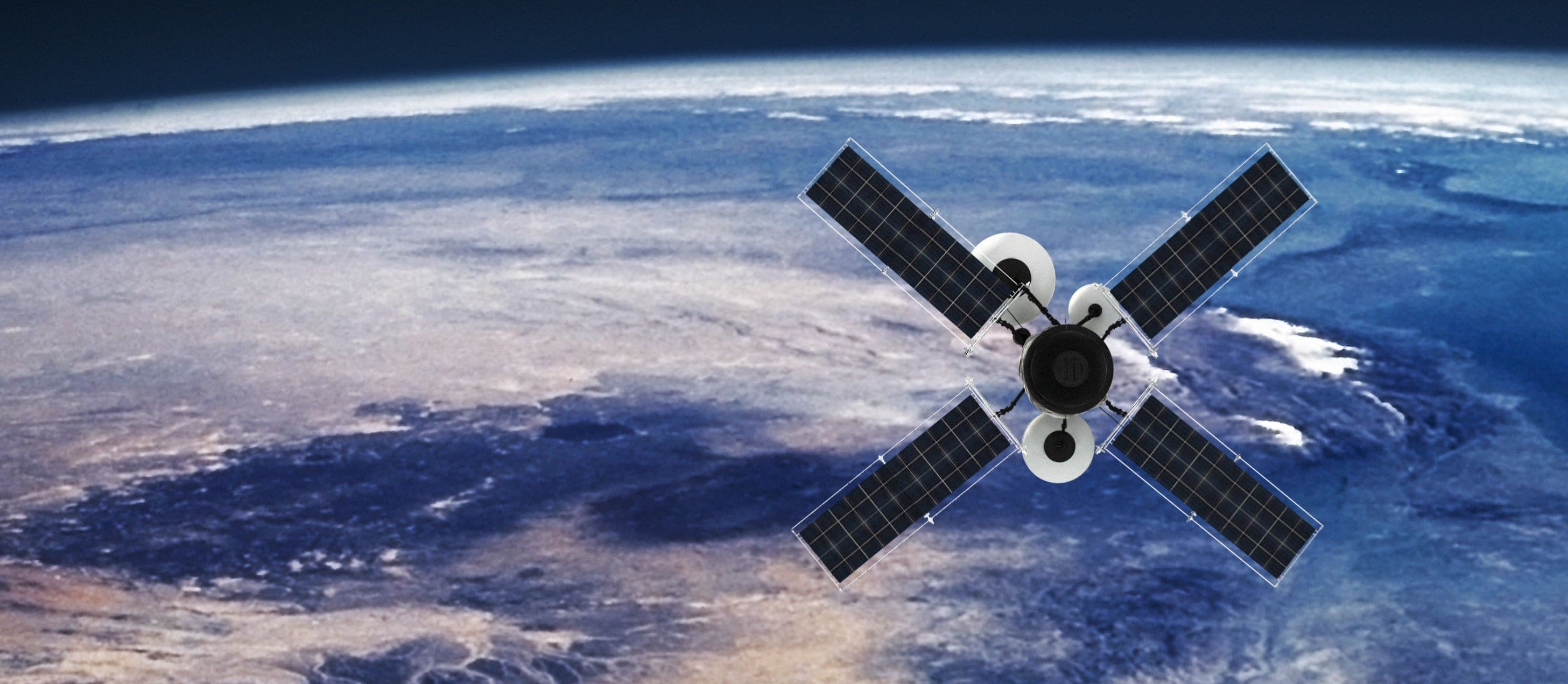 Earth%20observation Satellite with four solar panels orbiting above Earth’s cloud cover