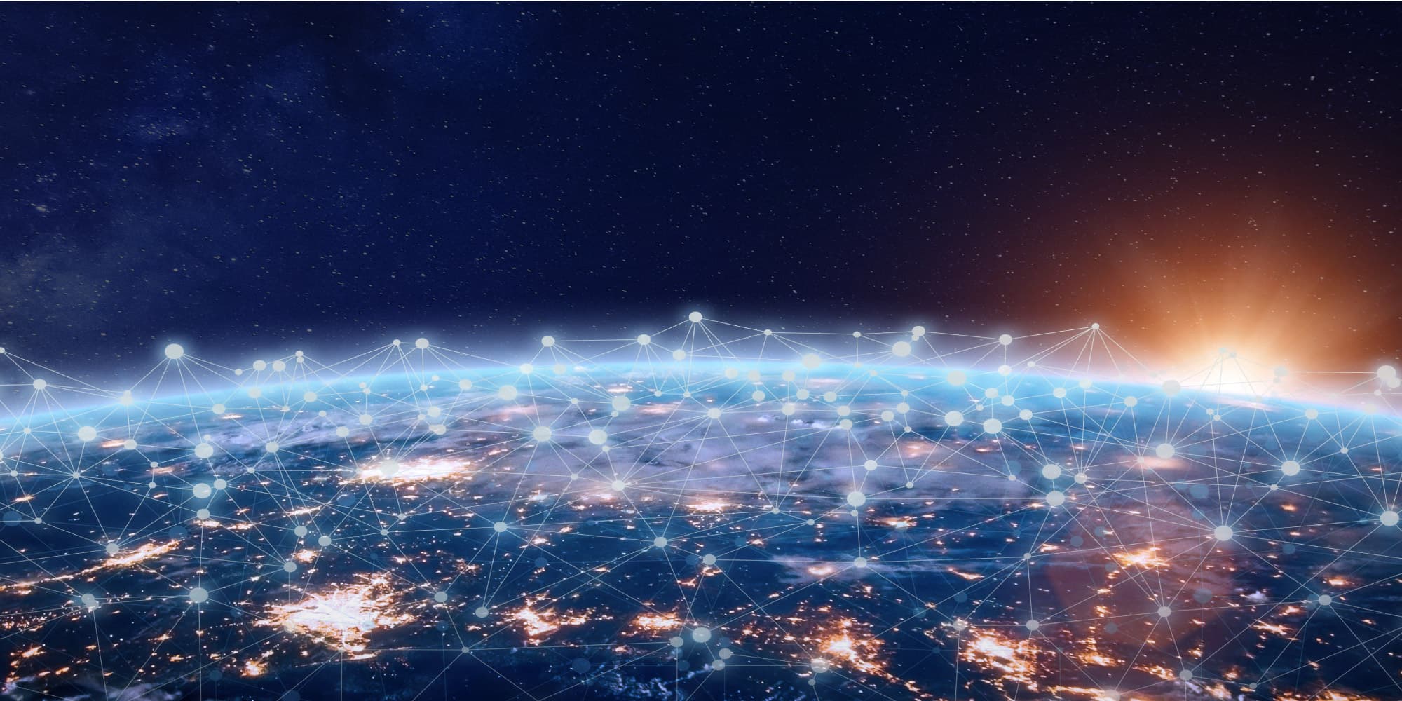 Electronic-and-photonic-building-blocks-for-high-speed-wireline-transceivers Stylized Earth at night with a network of connected nodes and lines across the globe