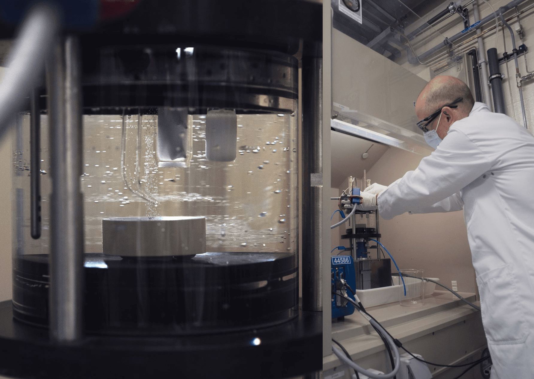 Elektrolysercel_labo Onderzoeker in een lab die een elektrolysecel test met borrelende vloeistofapparatuur