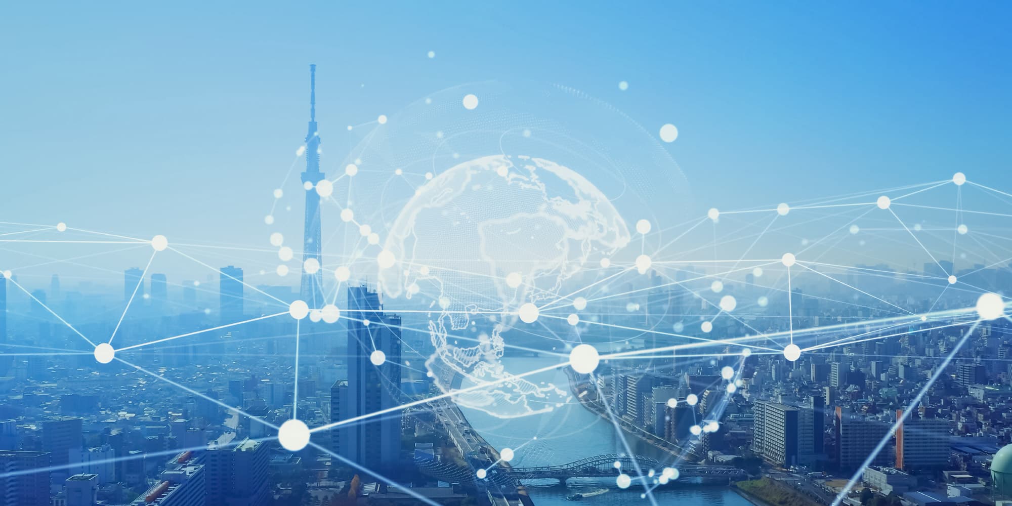 employer-branding-japan Tokyo skyline overlaid with a glowing network globe and connected nodes