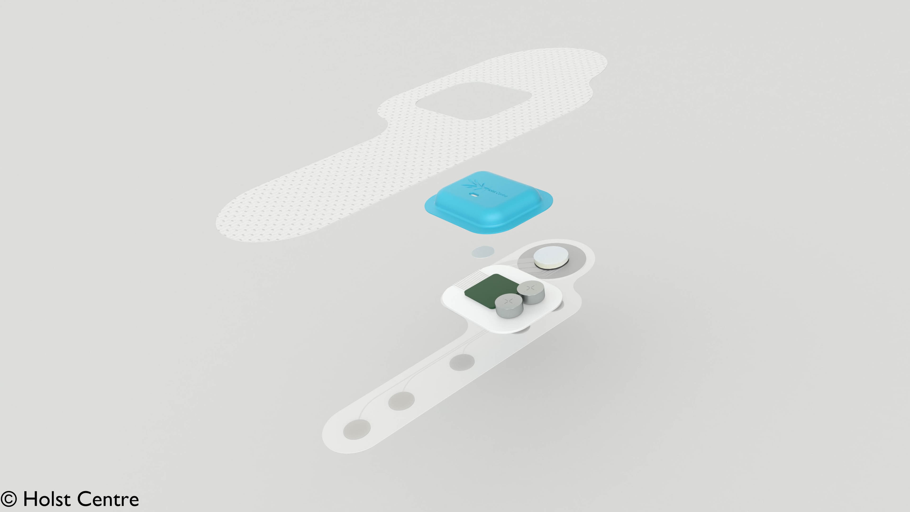 Exploded_view_complete_patch_1 Exploded view of a disposable health patch showing layered sensor components and a small battery module