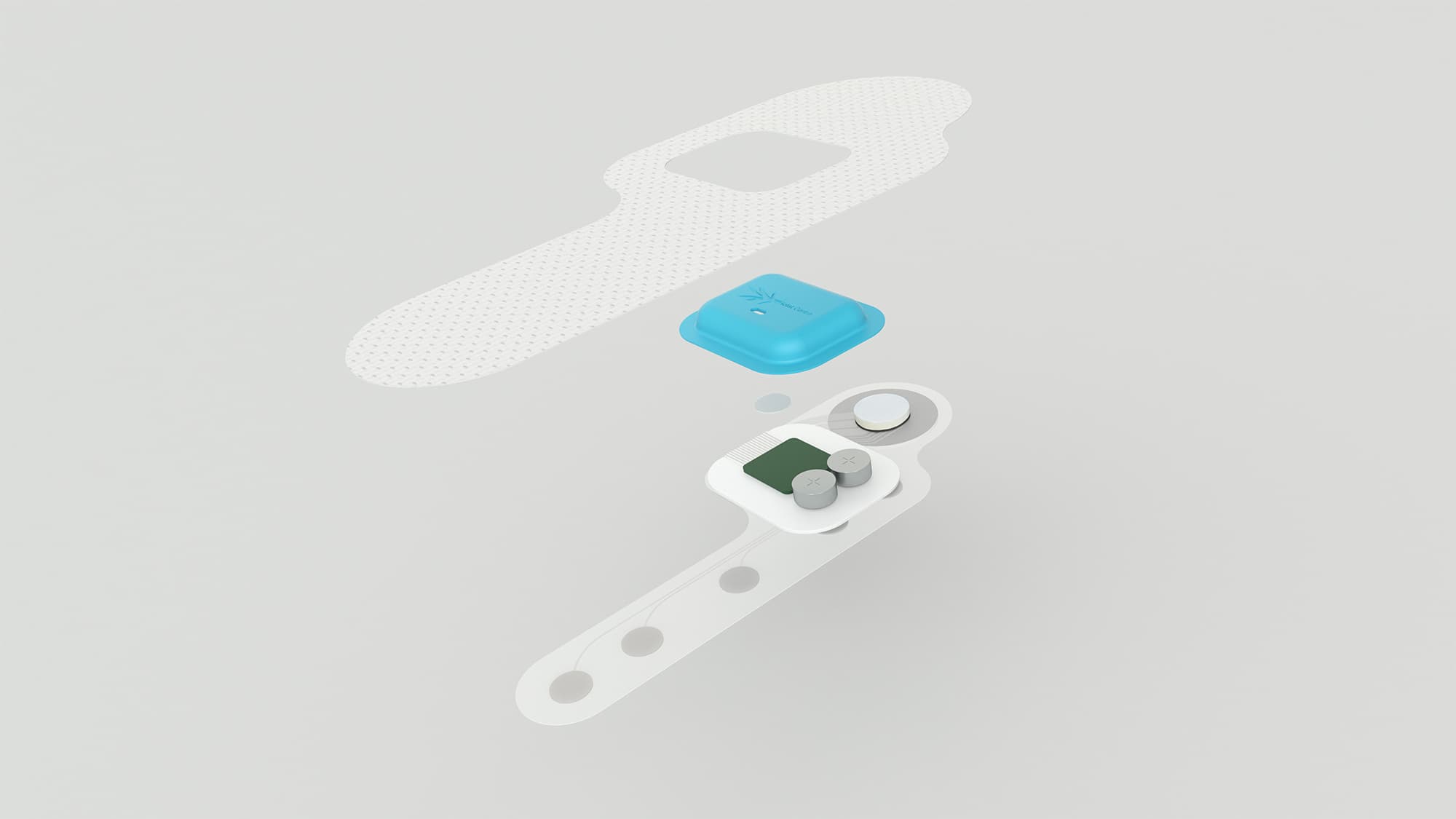 Exploded_view_complete_patch_1 Exploded view of a disposable health patch with layered sensor and battery components