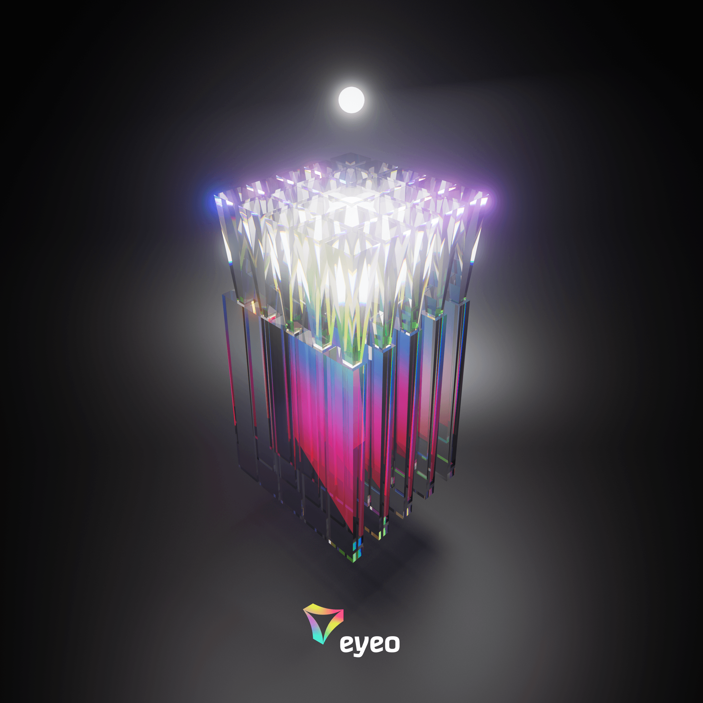 EYEO-Color%20splitter%20waveguide%20structure%20rendering%20HD 3D-rendering van een prisma-achtige golfgeleiderstructuur met het eyeo-logo eronder