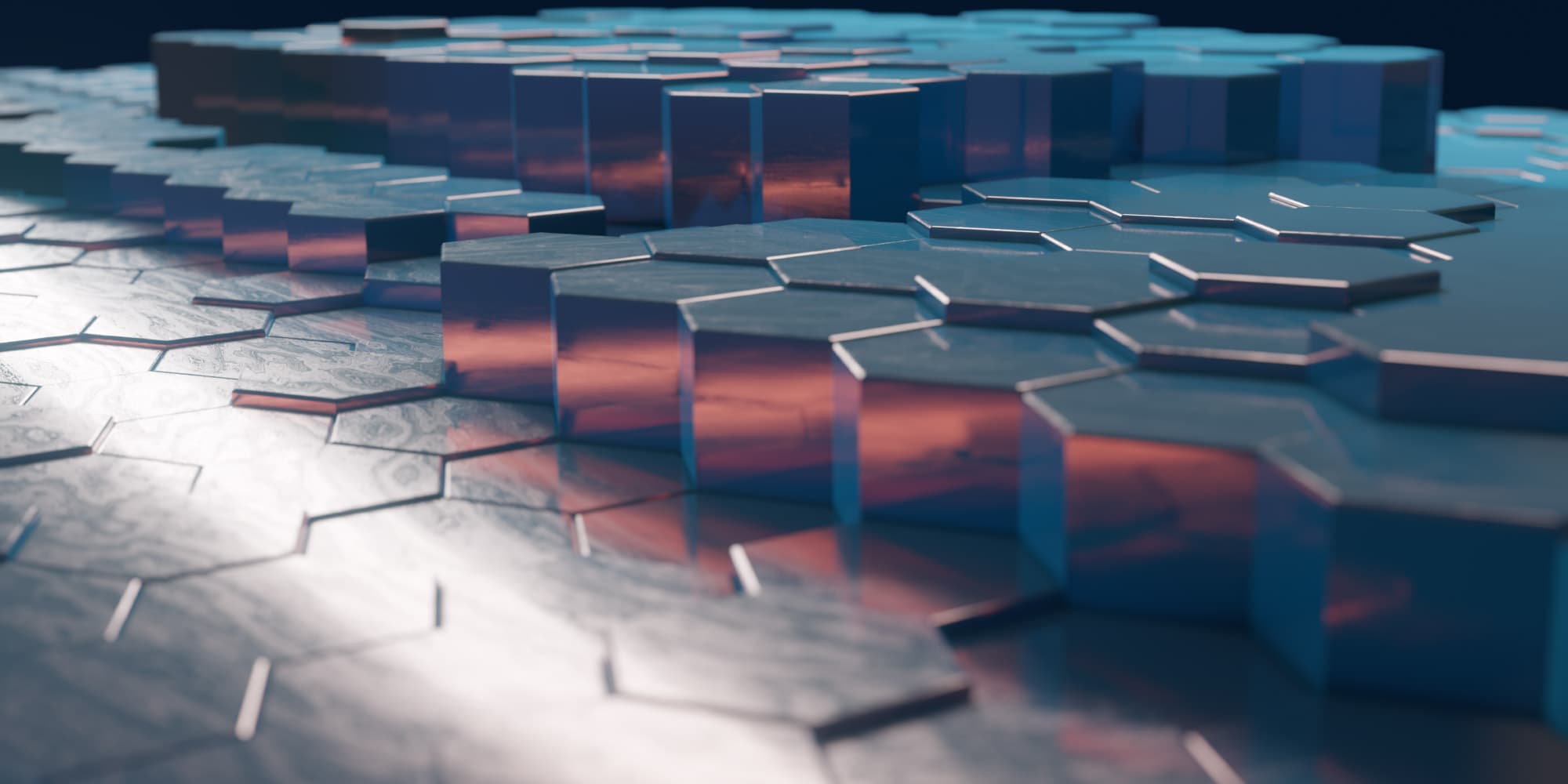 fabric8_2 Abstracte metalen zeshoekige blokken die een gelaagd 3D-patroon vormen op een glanzend oppervlak