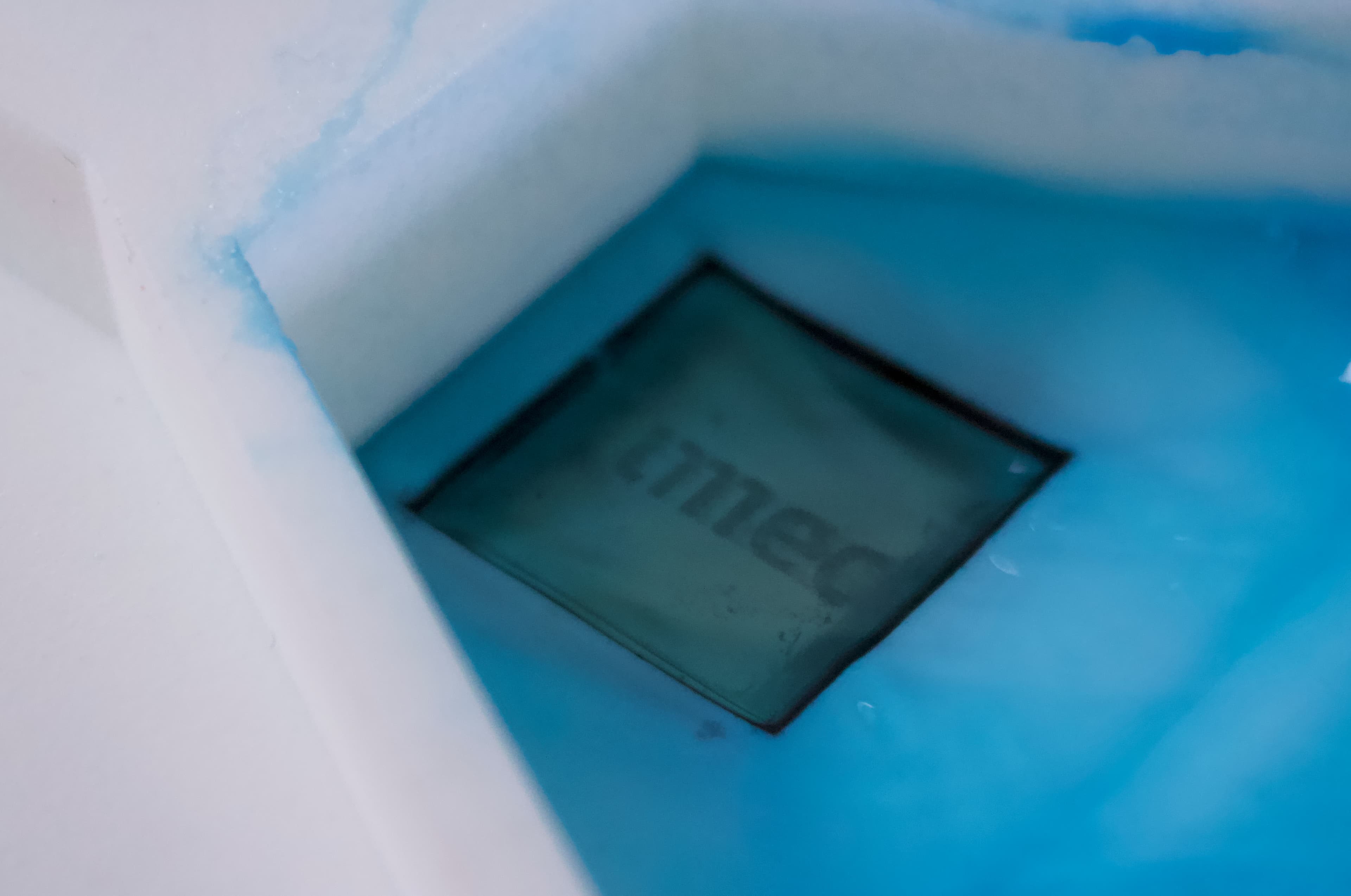 Fabric8Labs%2520-%2520Activated%2520Anode%2520Array_1 Close-up van een chipachtig plaatje in een blauwe elektrochemische opstelling