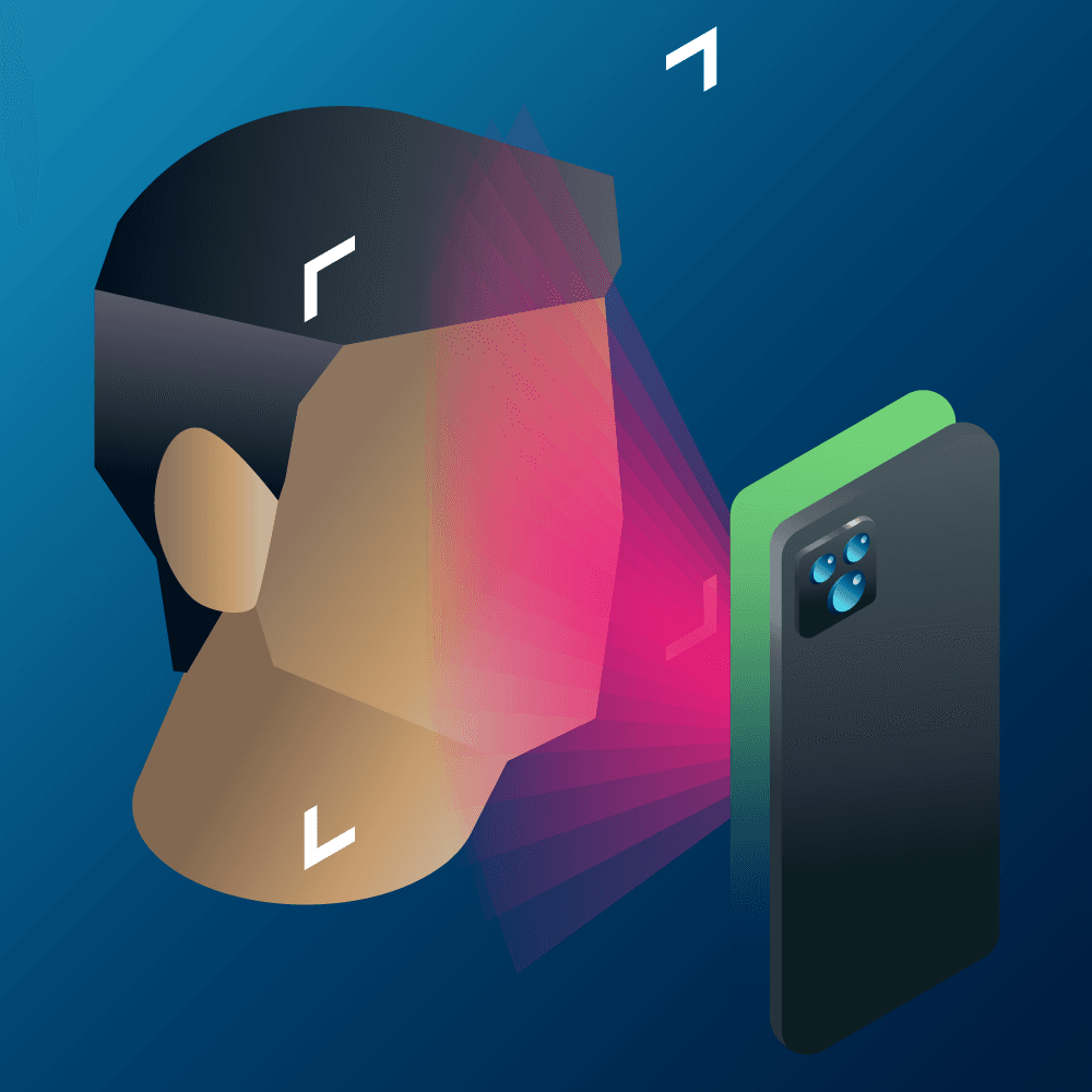 facial_blue Illustratie van een smartphone die infraroodgezichtsscanning gebruikt voor gezichtsherkenning en augmented reality.
