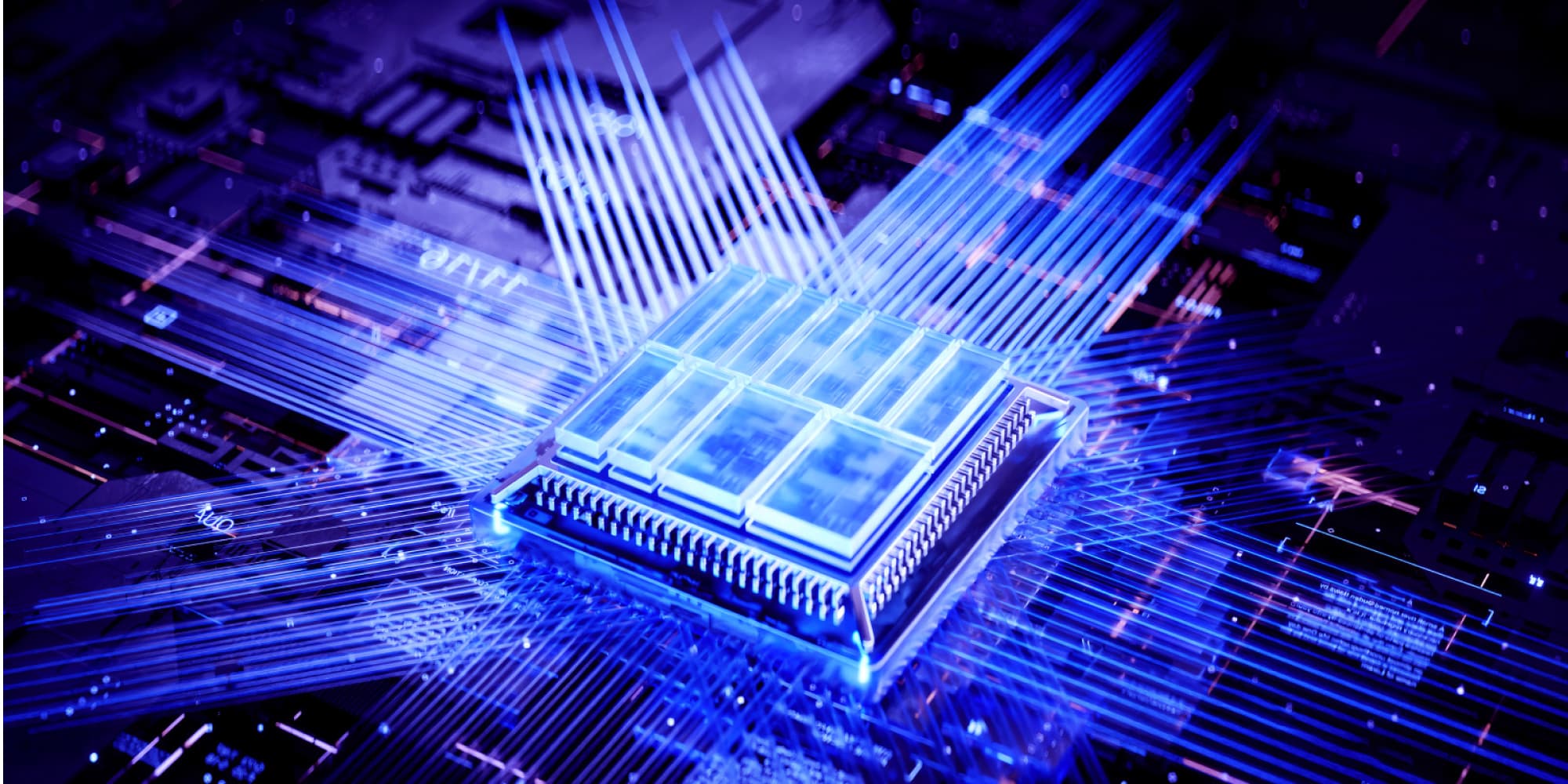FCSA Conceptual chiplet package with blue data streams radiating across a circuit board