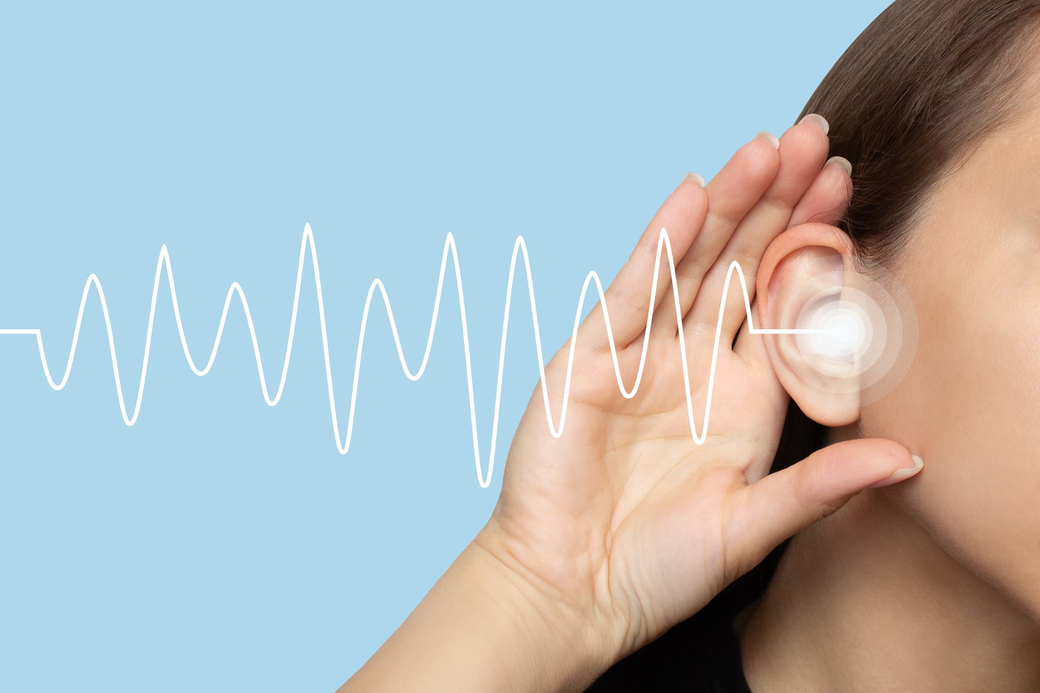 FemtoAI%20IC-Link Woman cupping her ear as a white sound wave graphic passes across a blue background.