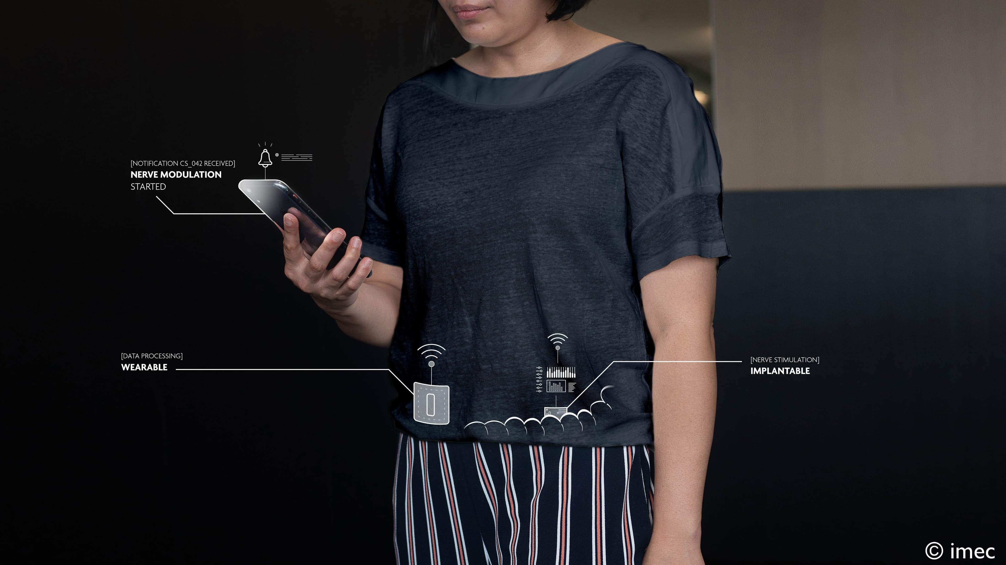Person with smartphone and nerve stimulation system graphic Person holding a smartphone beside a wearable and implantable nerve stimulation system graphic