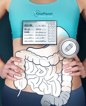 Torso mit Darmgesundheitsüberwachung und Sensorillustration Illustration of a torso with a digestive tract overlay, monitoring charts, and a pill-shaped sensor for gut health