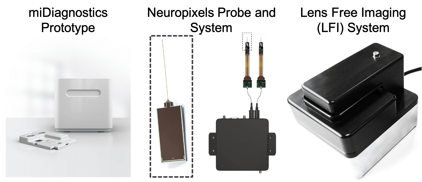 Compact spaceflight technology prototypes and diagnostic module Drie compacte prototypes voor ruimtevaarttechnologie en een diagnostische apparaatmodule naast elkaar gerangschikt